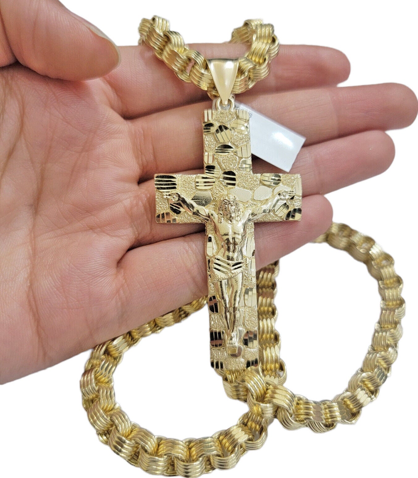 Real 10k Yellow Gold Byzantine Chain Nugget Cross Charm Pendant Necklace SETS - GoldenlinQ
