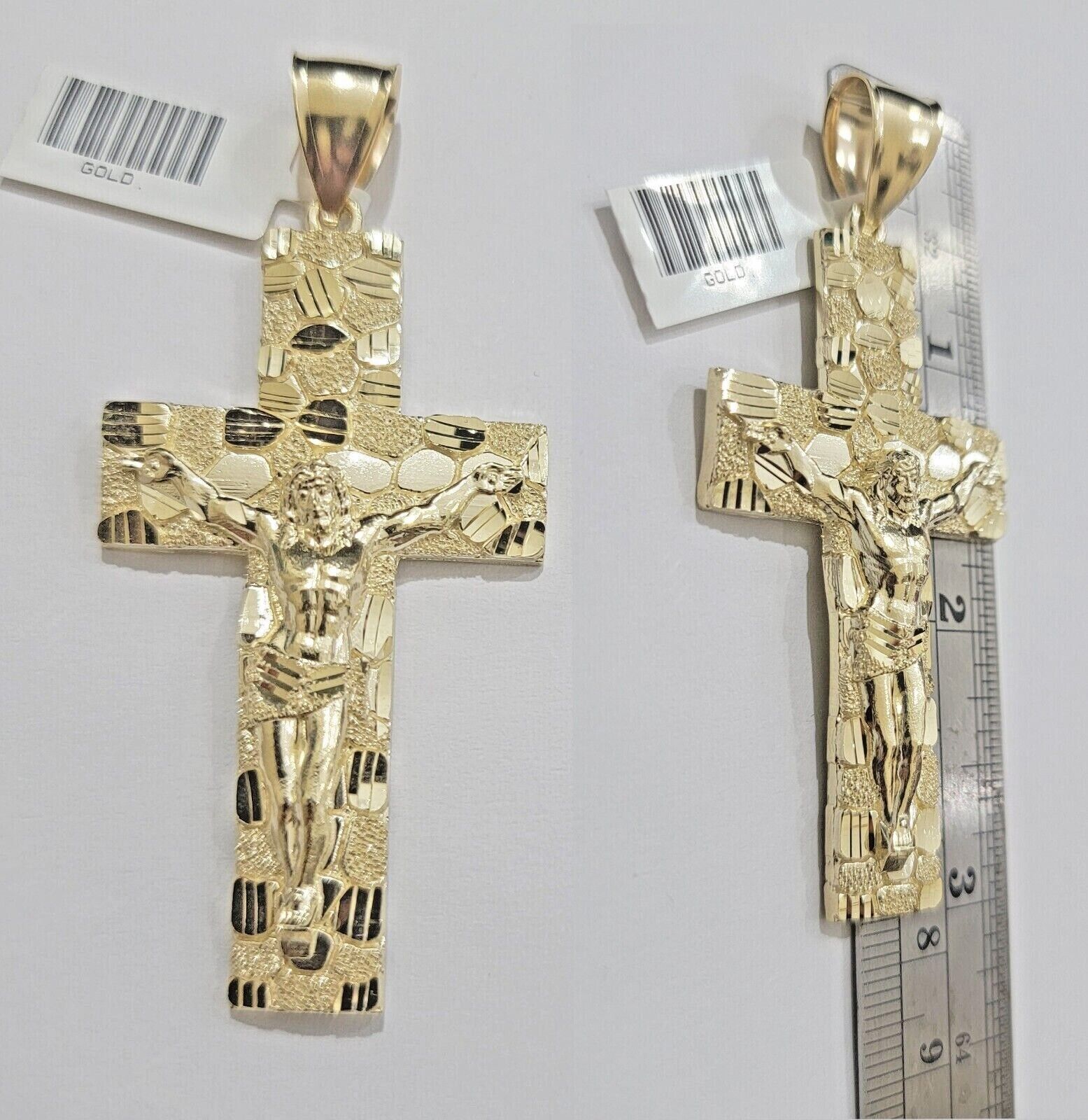 Real 10k Yellow Gold Byzantine Chain Nugget Cross Charm Pendant Necklace SETS - GoldenlinQ