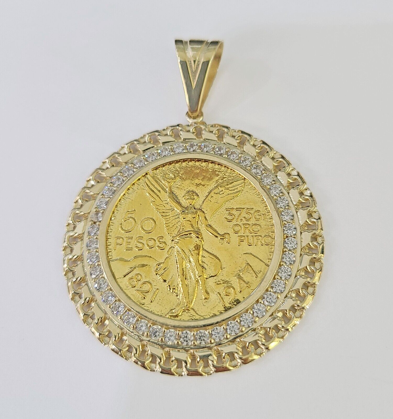 REAL 10k Yellow Gold Centenario - Style Coin Charm 50 Pesos 1947 Mexican Pendant - GoldenlinQ