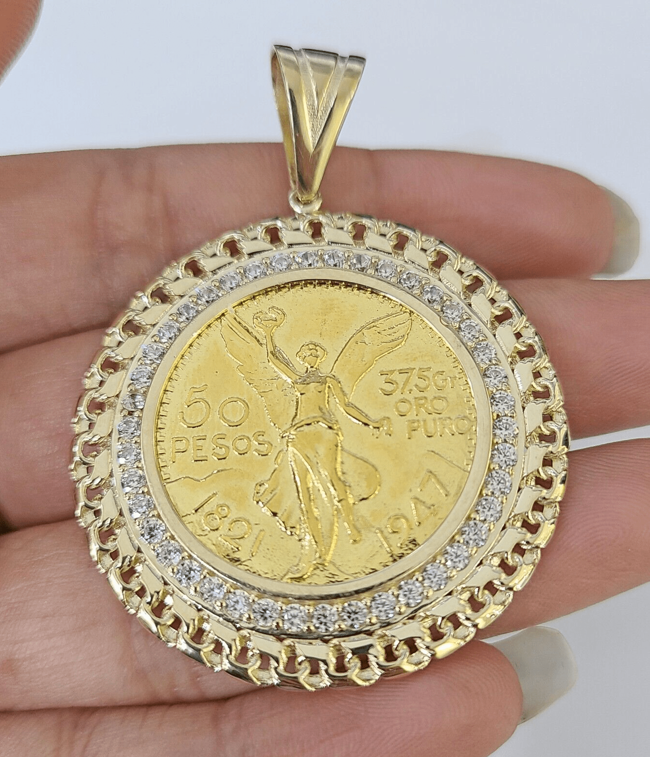 REAL 10k Yellow Gold Centenario - Style Coin Charm 50 Pesos 1947 Mexican Pendant - GoldenlinQ