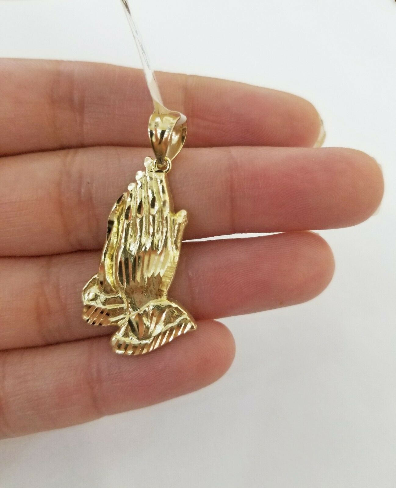 Real 10k Yellow Gold Chain 20" With Charm Praying hand pendant,3mm Rope Necklace - GoldenlinQ