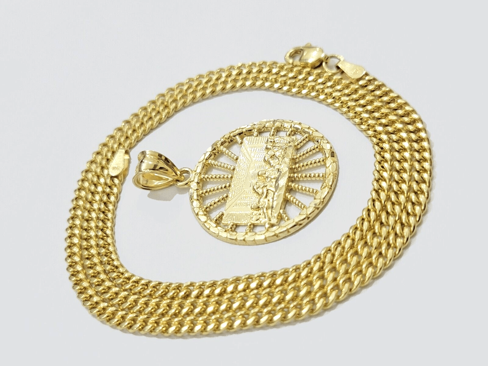 Real 10k Yellow Gold chain Charm Last supper Pendant set Miami Cuban 4mm 22 Inch - GoldenlinQ