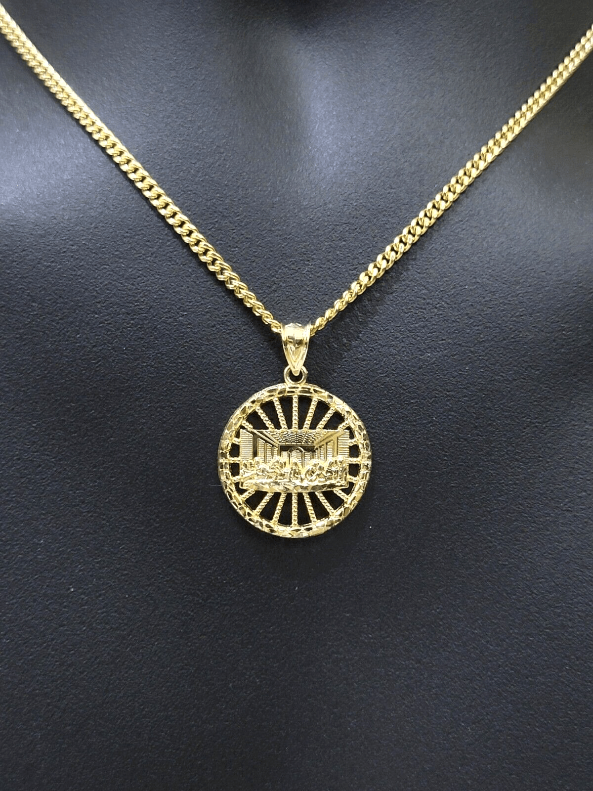 Real 10k Yellow Gold chain Charm Last supper Pendant set Miami Cuban 4mm 22 Inch - GoldenlinQ