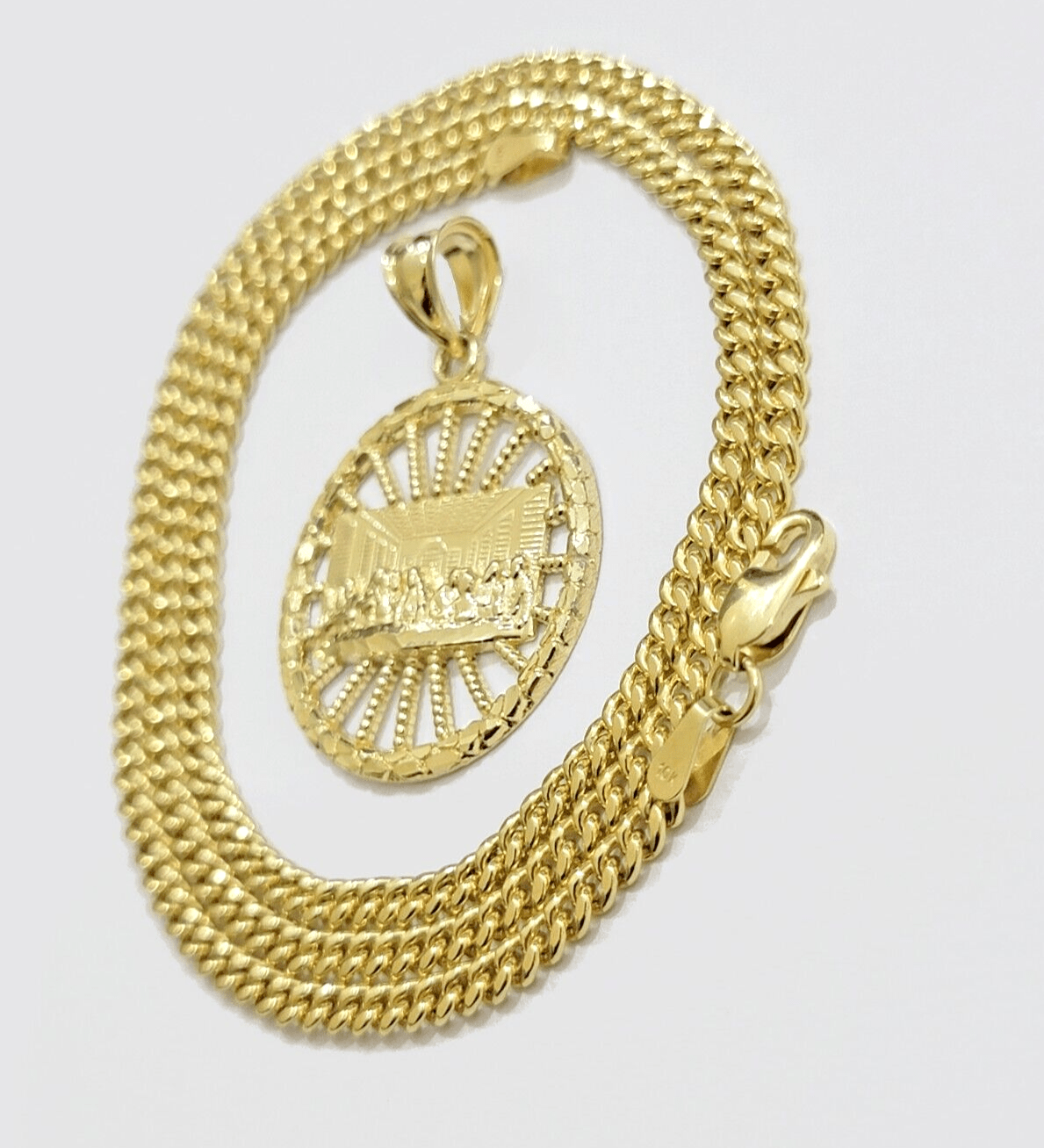Real 10k Yellow Gold chain Charm Last supper Pendant set Miami Cuban 4mm 22 Inch - GoldenlinQ