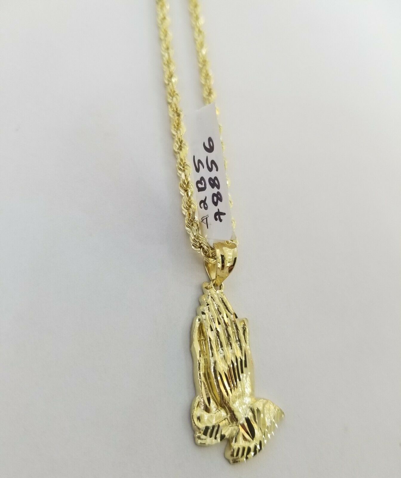 Real 10k Yellow Gold Chain & Charm Praying hand pendant , 24" 3mm Rope Necklace - GoldenlinQ