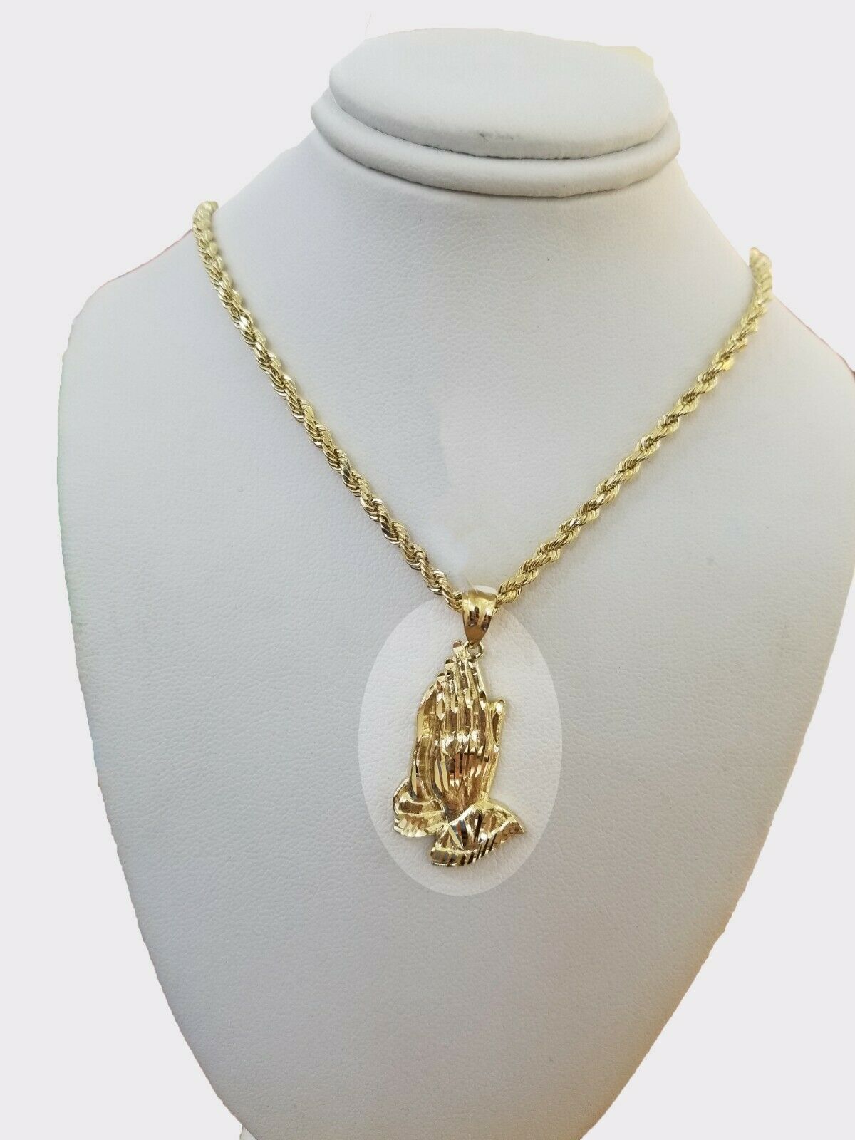 Real 10k Yellow Gold Chain & Charm Praying hand pendant , 24" 3mm Rope Necklace - GoldenlinQ
