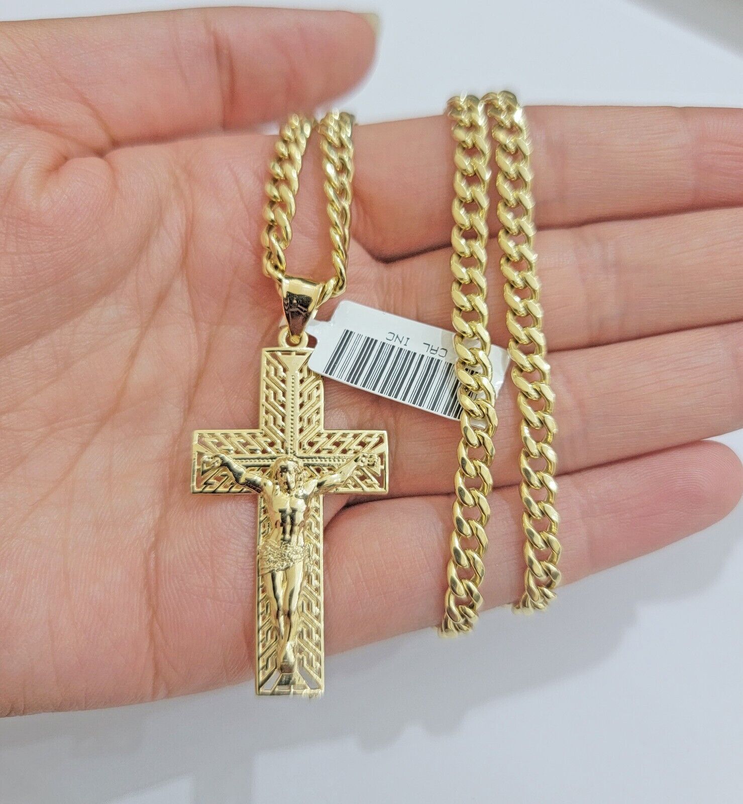 REAL 10k Yellow Gold Chain Cross Pendant Set Miami Cuban link Necklace 5mm 18 - 28 - GoldenlinQ
