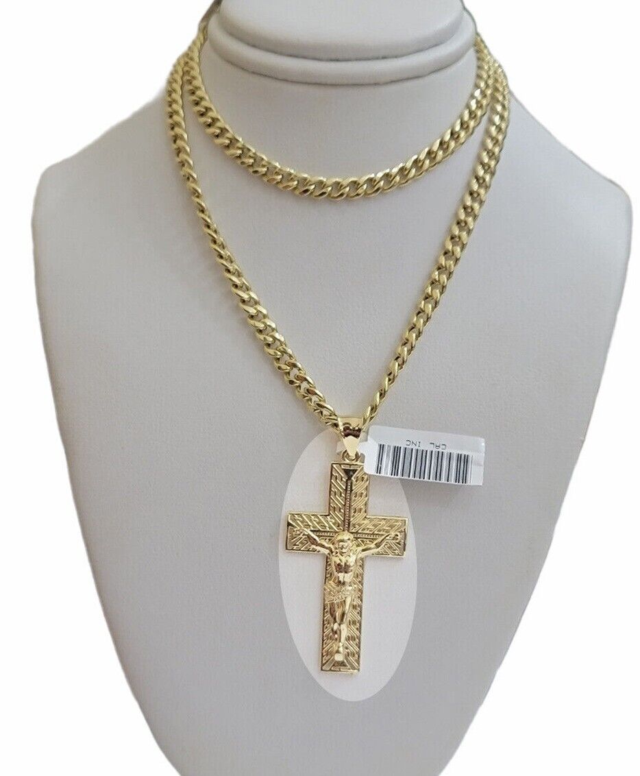 REAL 10k Yellow Gold Chain Cross Pendant Set Miami Cuban link Necklace 5mm 18 - 28 - GoldenlinQ