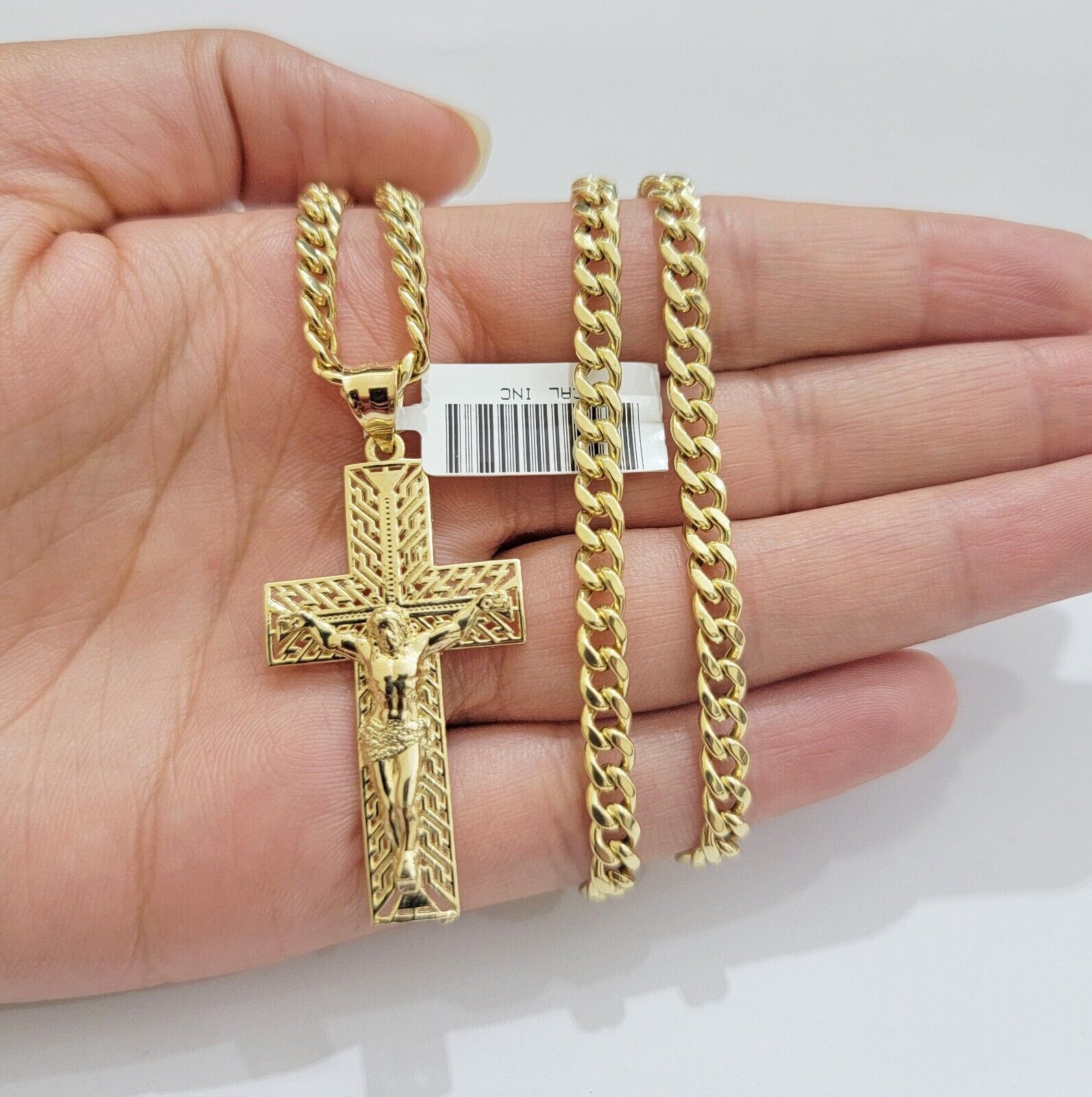 REAL 10k Yellow Gold Chain Cross Pendant Set Miami Cuban link Necklace 5mm 18 - 28 - GoldenlinQ
