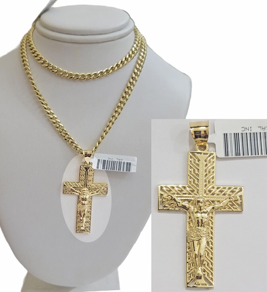 REAL 10k Yellow Gold Chain Cross Pendant Set Miami Cuban link Necklace 5mm 18 - 28 - GoldenlinQ
