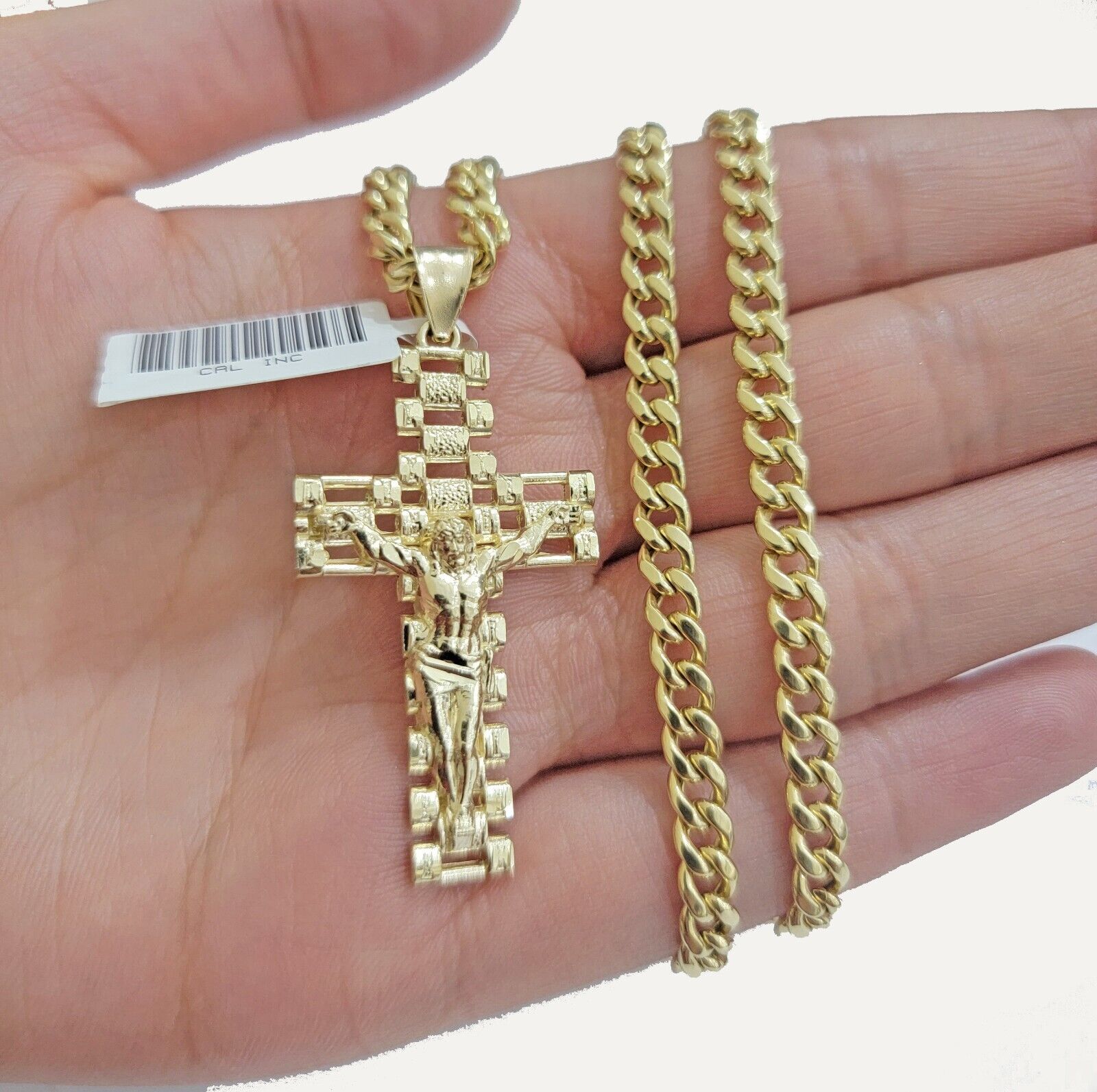 REAL 10k Yellow Gold Chain Cross Pendant Set Miami Cuban link Necklace 5mm 18 - 28 - GoldenlinQ