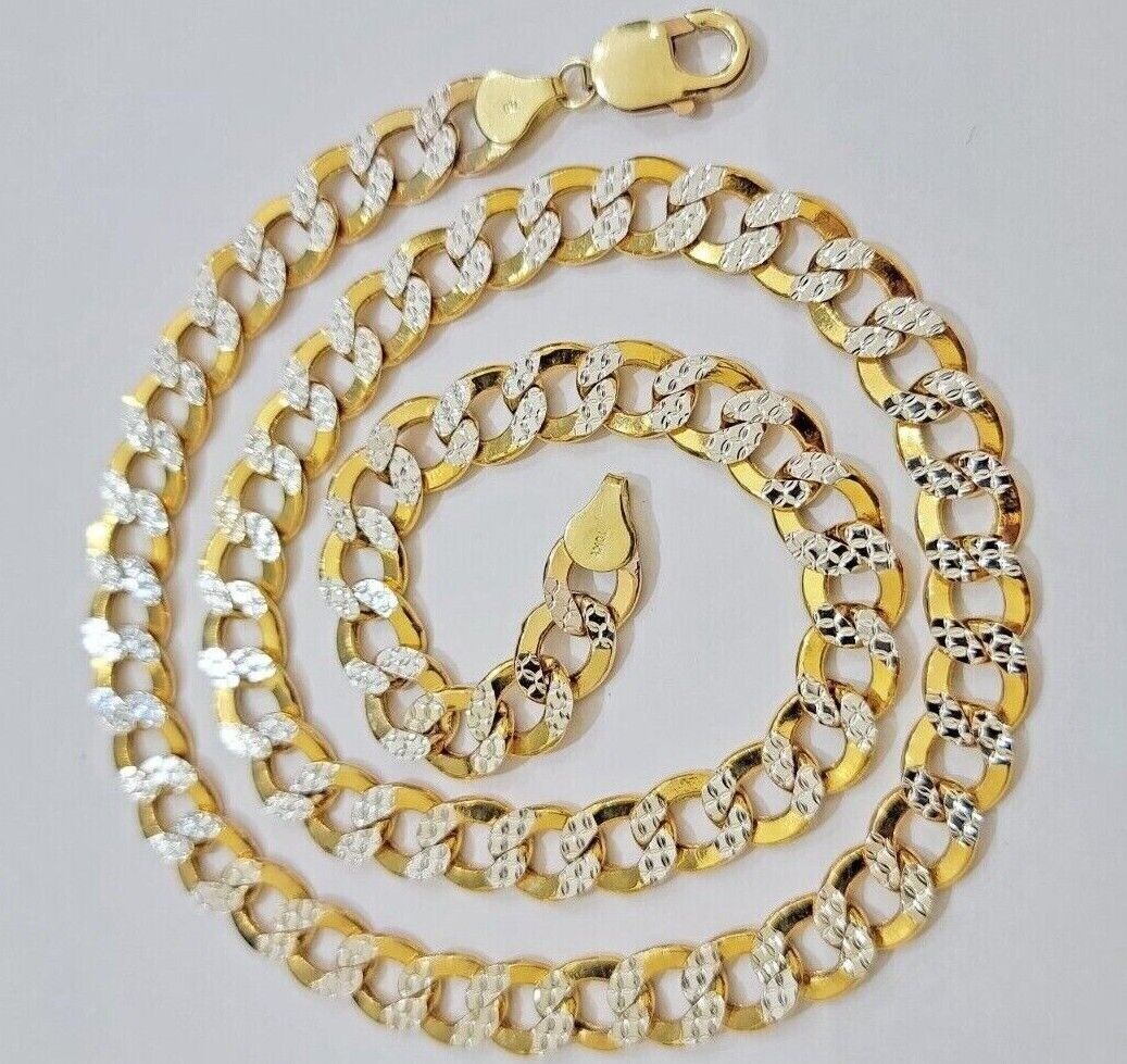 Real 10k Yellow Gold Chain Curb Link Necklace 10mm 18 - 30 Inch Diamond Cuts - GoldenlinQ
