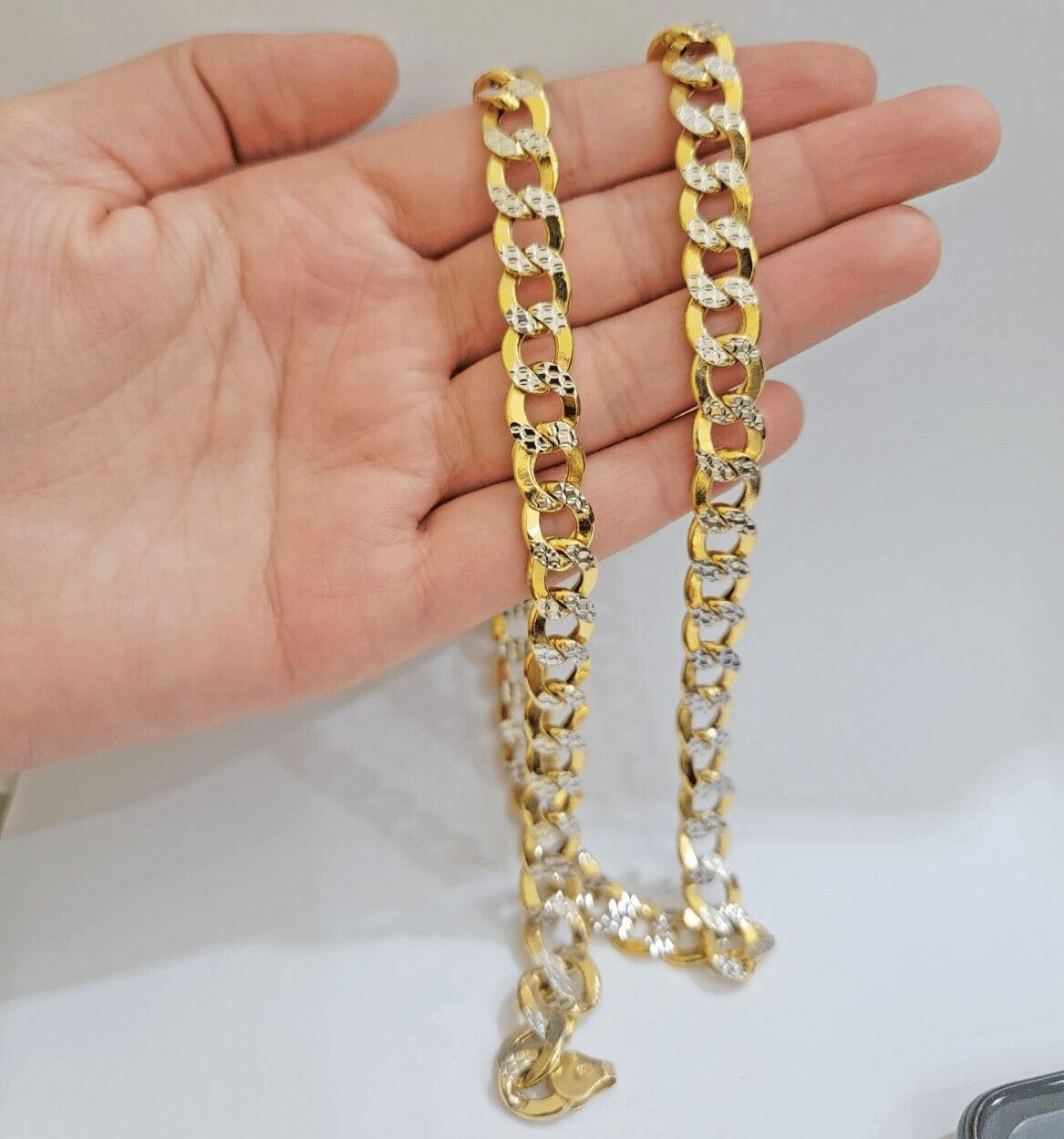 Real 10k Yellow Gold Chain Curb Link Necklace 10mm 22 Inch Diamond Cut Two - tone - GoldenlinQ
