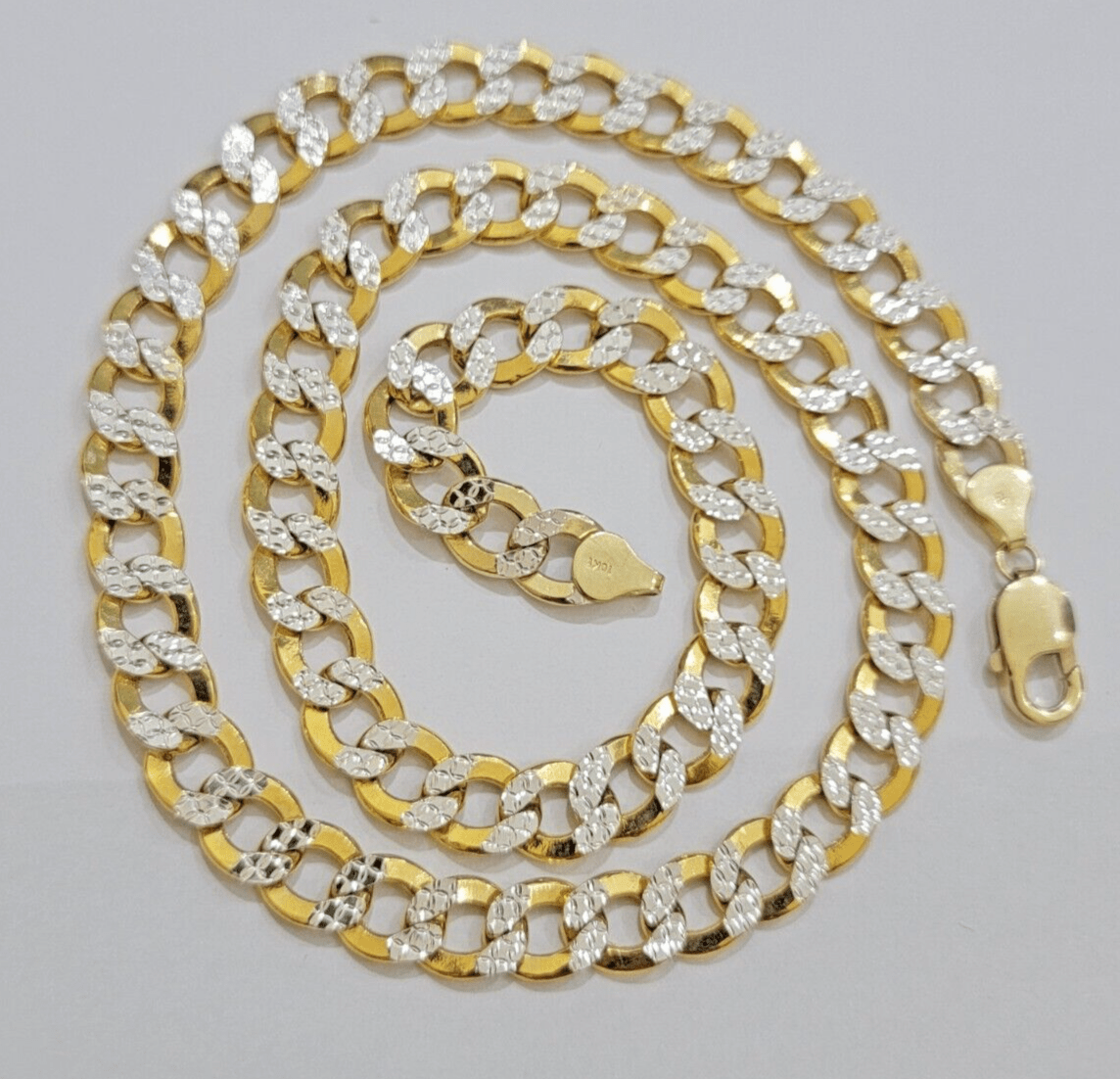 Real 10k Yellow Gold Chain Curb Link Necklace 10mm 22 Inch Diamond Cut Two - tone - GoldenlinQ