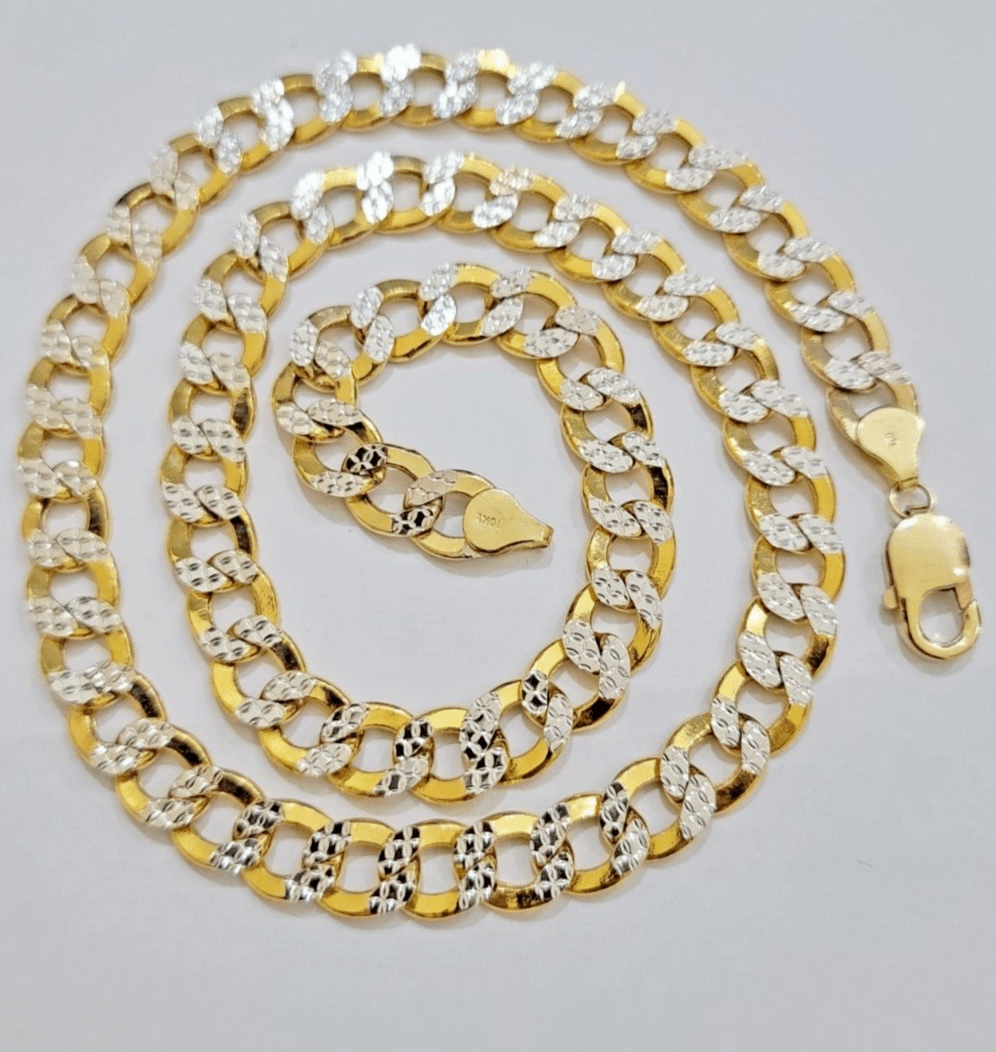 Real 10k Yellow Gold Chain Curb Link Necklace 10mm 24 Inch Diamond Cut Two - tone - GoldenlinQ