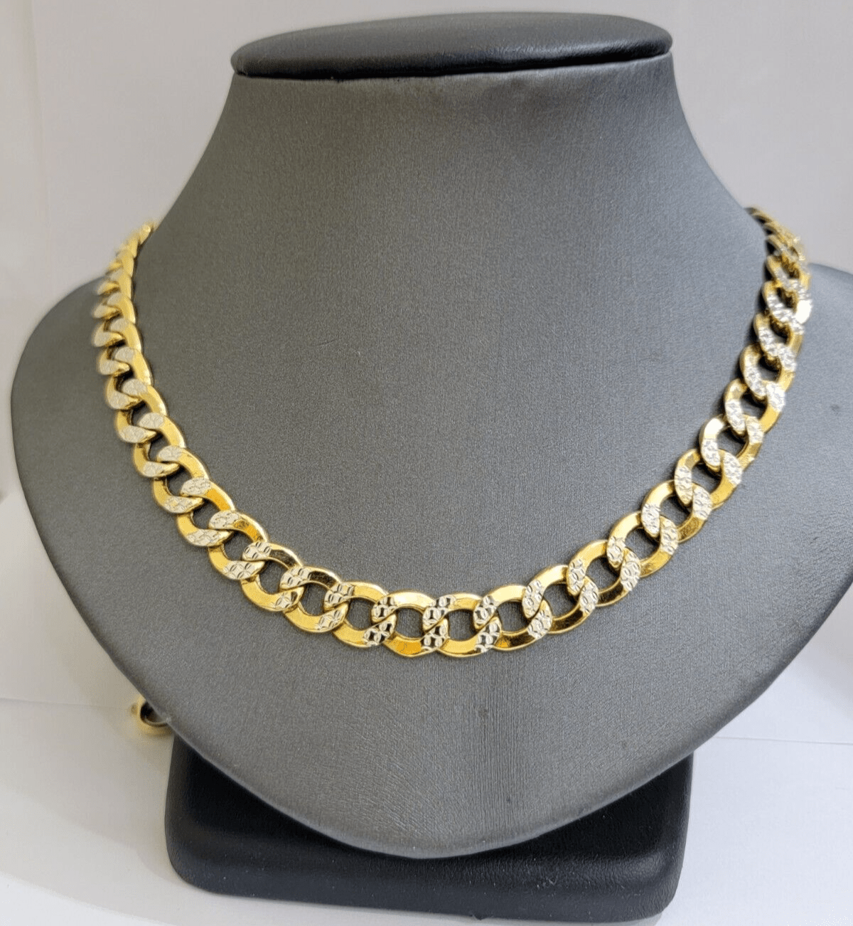 Real 10k Yellow Gold Chain Curb Link Necklace 10mm 24 Inch Diamond Cut Two - tone - GoldenlinQ