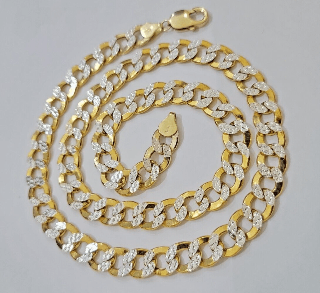 Real 10k Yellow Gold Chain Curb Link Necklace 10mm 24 Inch Diamond Cut Two - tone - GoldenlinQ