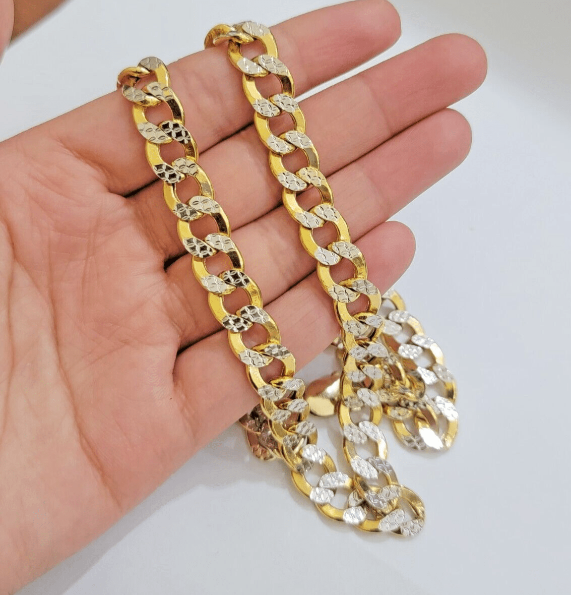 Real 10k Yellow Gold Chain Curb Link Necklace 10mm 28 Inch Diamond Cut Two - tone - GoldenlinQ