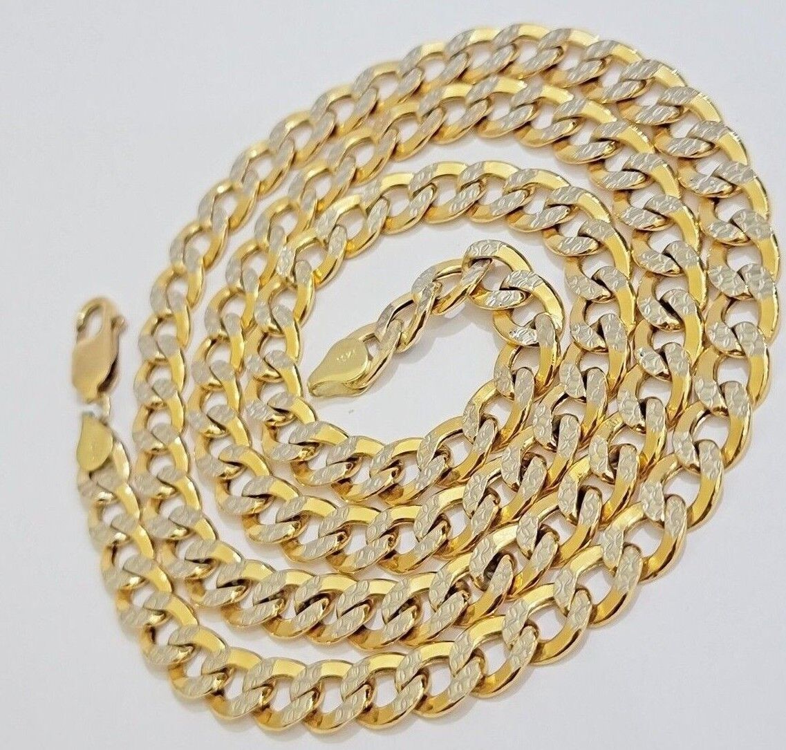 Real 10k Yellow Gold Chain Curb Link Necklace 8mm 18 - 30 Inch Diamond Cut Twotone - GoldenlinQ