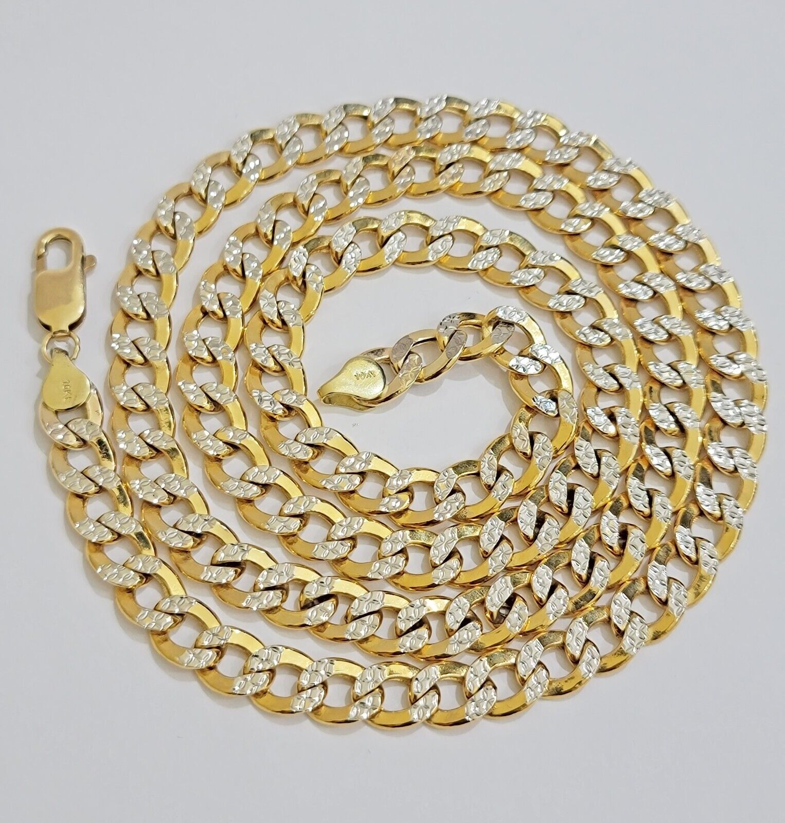 Real 10k Yellow Gold Chain Curb Link Necklace 8mm 18 Inch Diamond Cut Two - tone - GoldenlinQ