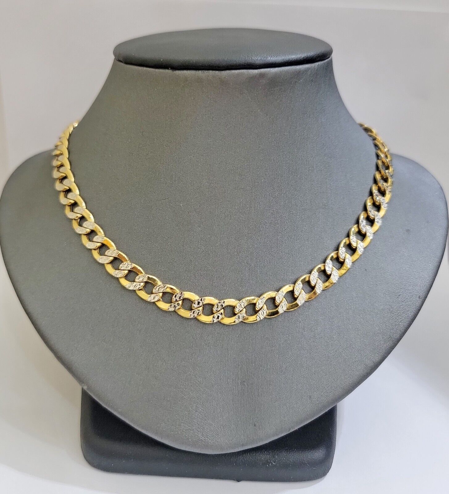 Real 10k Yellow Gold Chain Curb Link Necklace 8mm 18 Inch Diamond Cut Two - tone - GoldenlinQ
