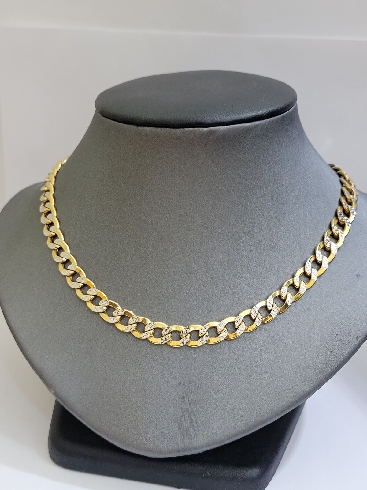 Real 10k Yellow Gold Chain Curb Link Necklace 8mm 20 Inch Diamond Cut Two - tone - GoldenlinQ