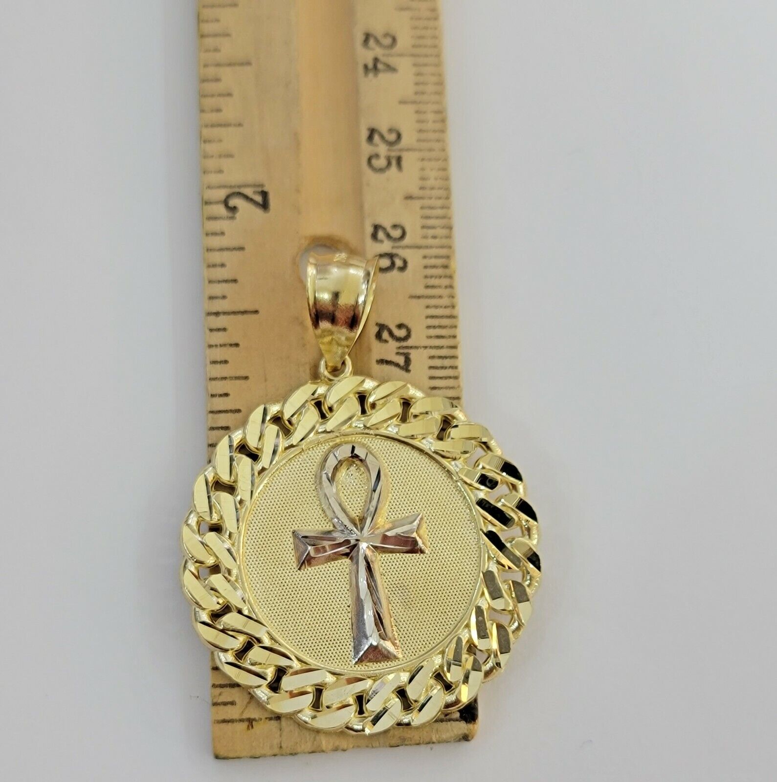 Real 10k Yellow Gold Charm Pendant Ankh Cuban Link Style Medallion Round 10kt - GoldenlinQ
