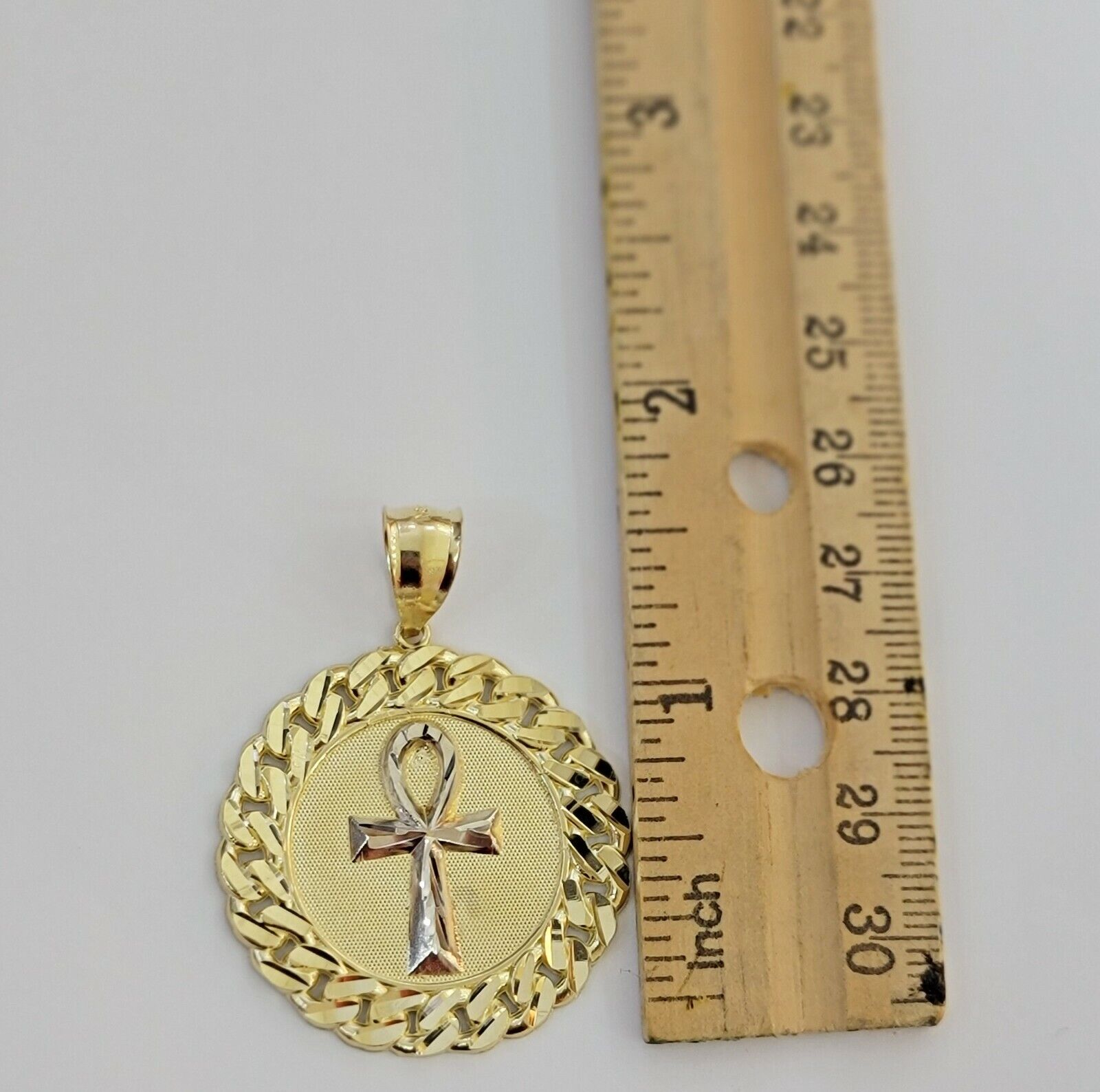 Real 10k Yellow Gold Charm Pendant Ankh Cuban Link Style Medallion Round 10kt - GoldenlinQ