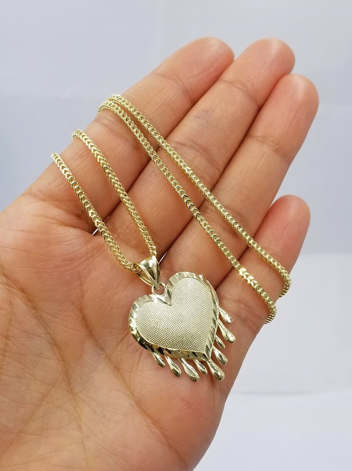 Real 10k Yellow Gold Charm Pendant Dripping heart with Franco Chain 18" 2mm - GoldenlinQ
