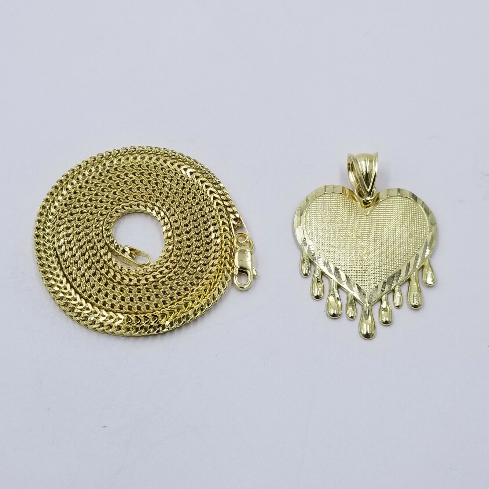 Real 10k Yellow Gold Charm Pendant Dripping heart with Franco Chain 18" 2mm - GoldenlinQ