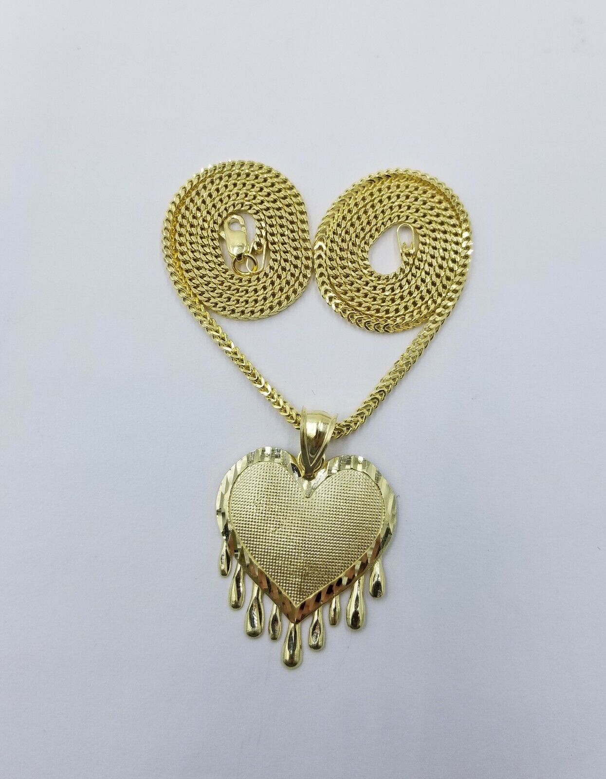 Real 10k Yellow Gold Charm Pendant Dripping heart with Franco Chain 18" 2mm - GoldenlinQ