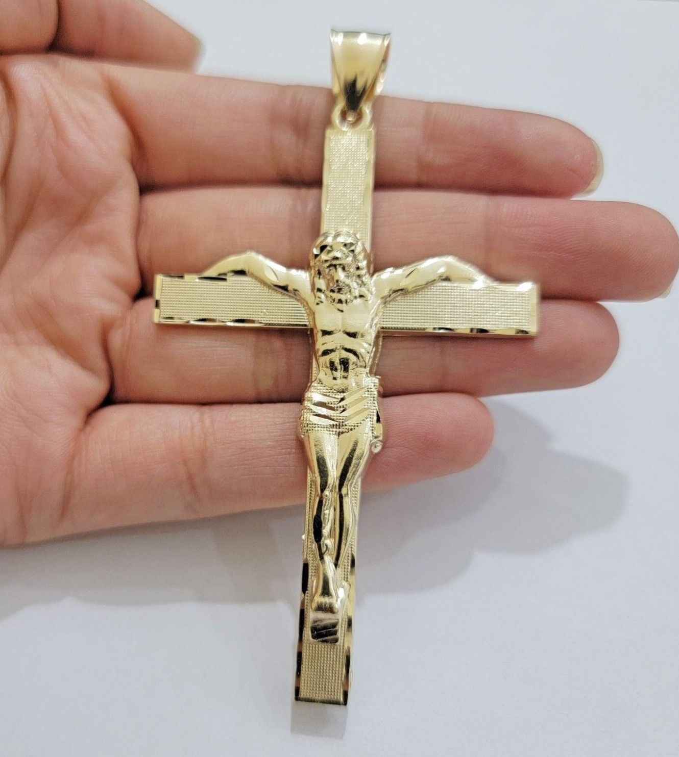 Real 10k Yellow Gold Cross Charm Pendant Jesus Crucifix 3.5" Inch 10KT For Chain - GoldenlinQ