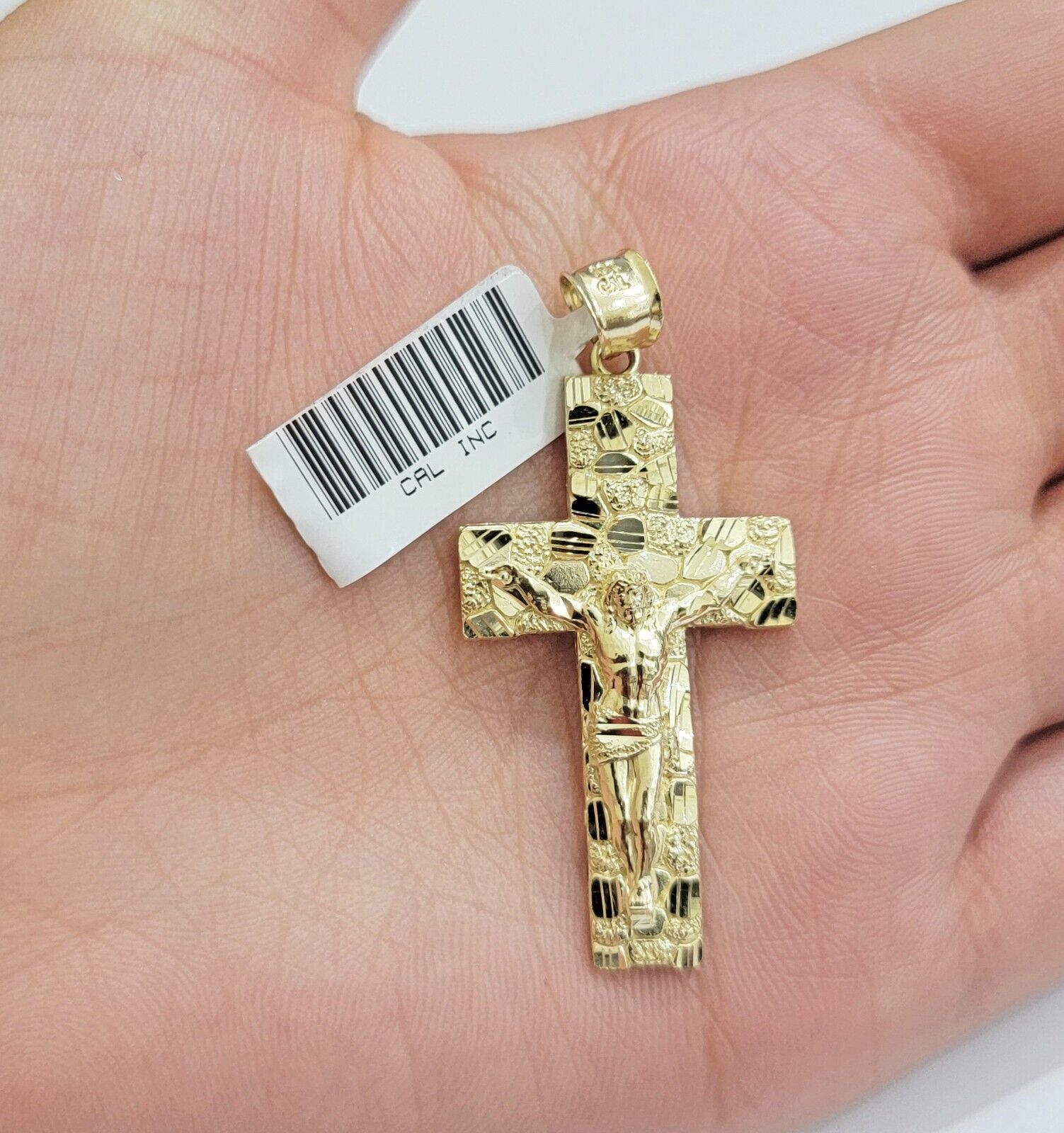 Real 10k Yellow Gold Cross Charm Pendant Nugget Jesus Crucifix 10KT Men Women - GoldenlinQ