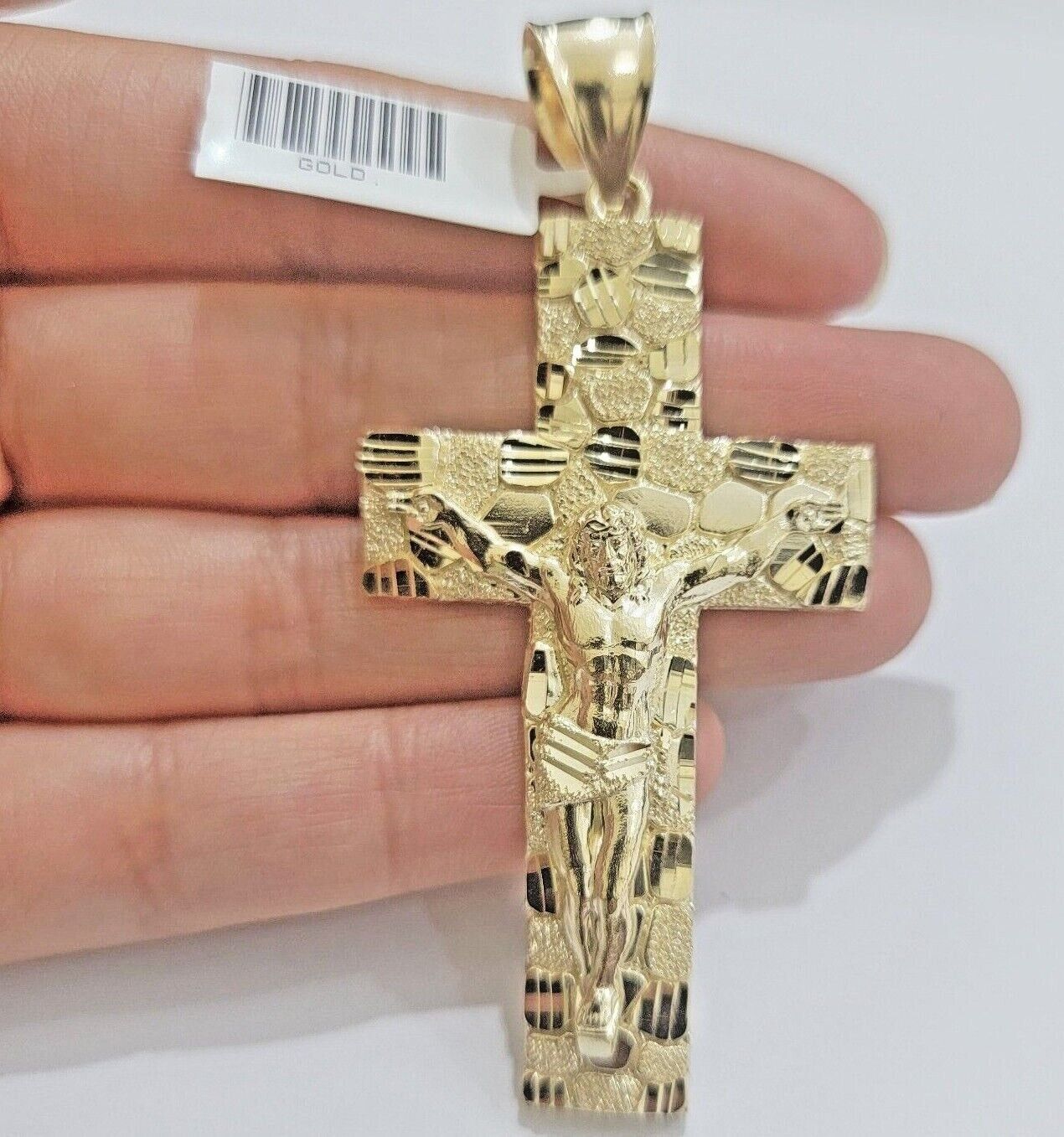 Real 10k Yellow Gold Cross Charm Pendant Nugget Jesus Crucifix 3" Inch 10KT Mens - GoldenlinQ