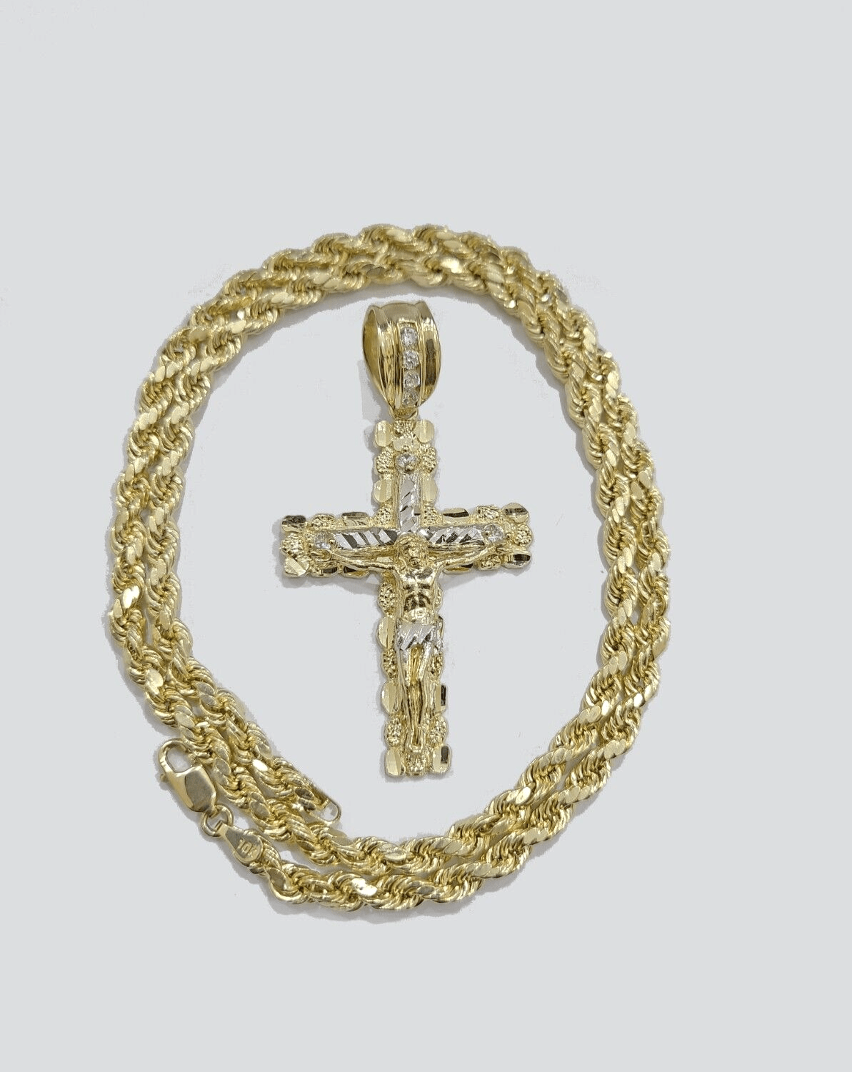 Real 10k Yellow Gold Cross Charm Rope Chain 4mm 18'' Necklace Pendant 10kt Jesus - GoldenlinQ