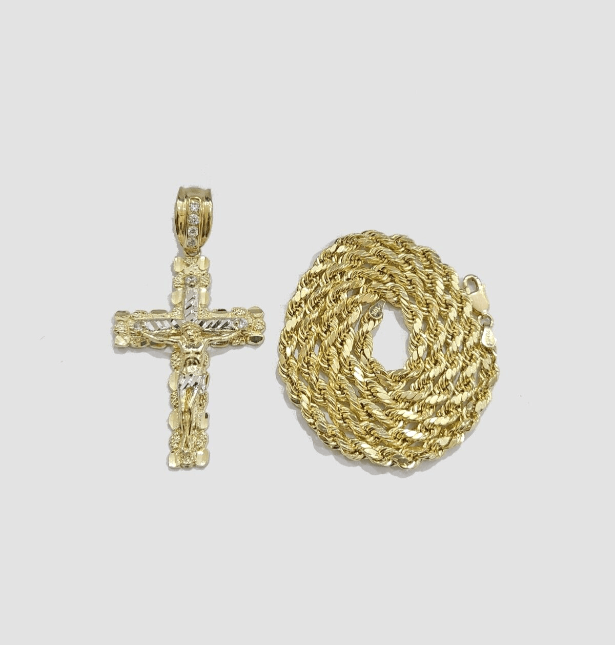 Real 10k Yellow Gold Cross Charm Rope Chain 4mm 18'' Necklace Pendant 10kt Jesus - GoldenlinQ