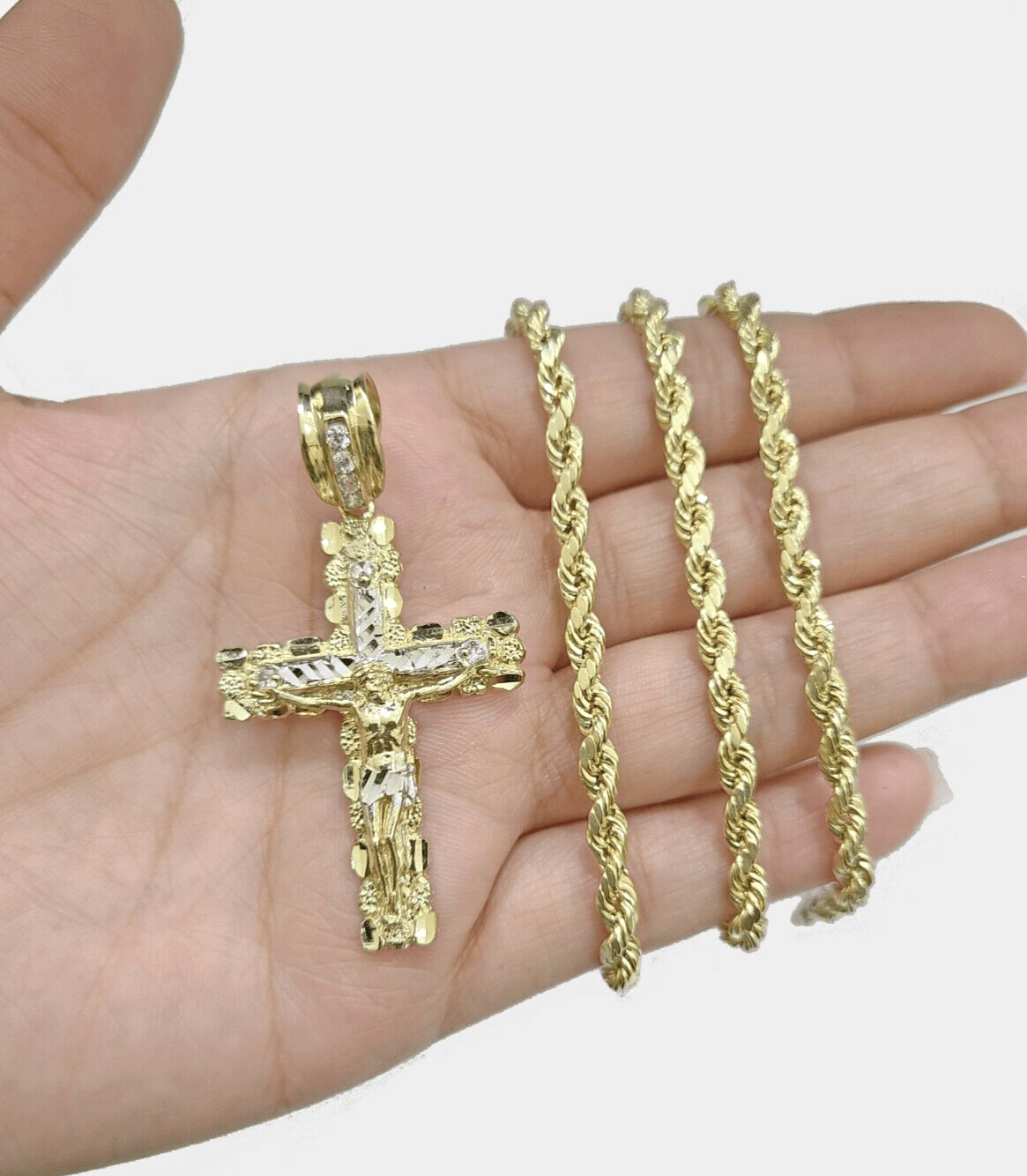 Real 10k Yellow Gold Cross Charm Rope Chain 4mm 18'' Necklace Pendant 10kt Jesus - GoldenlinQ