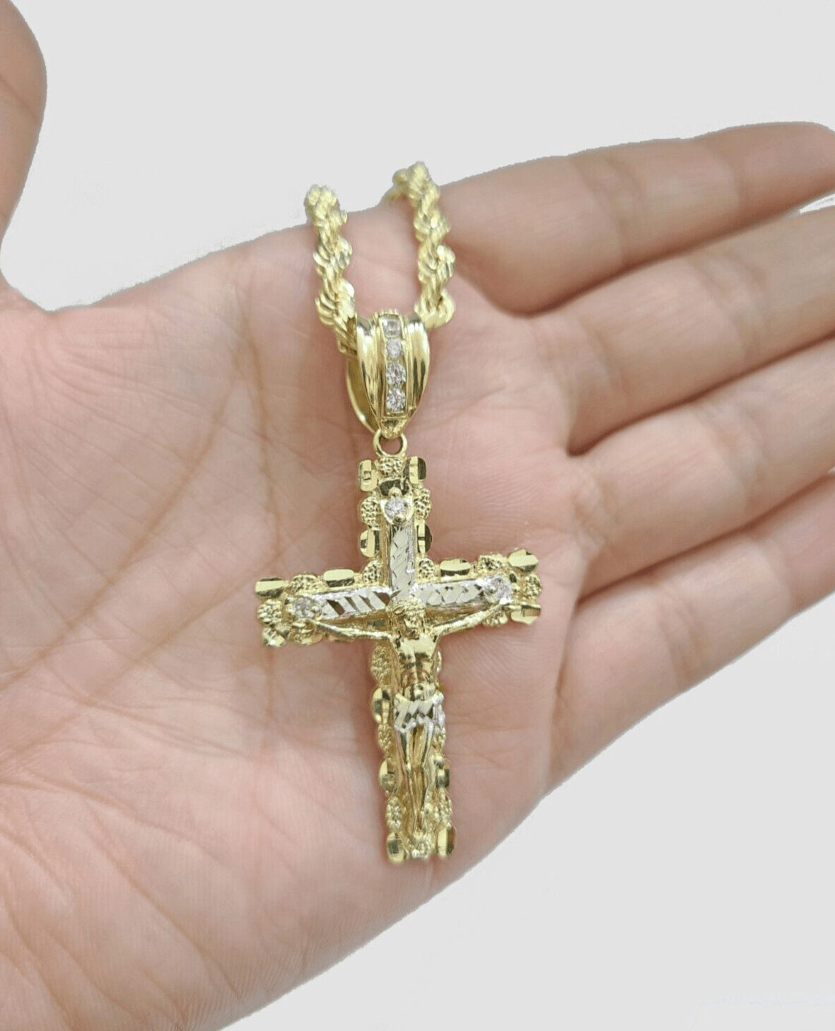 Real 10k Yellow Gold Cross Charm Rope Chain 4mm 18'' Necklace Pendant 10kt Jesus - GoldenlinQ