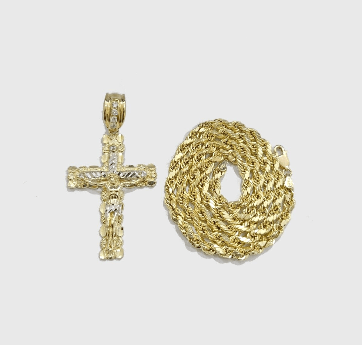 Real 10k Yellow Gold Cross Charm Rope Chain 4mm 30'' Necklace Pendant 10kt Jesus - GoldenlinQ