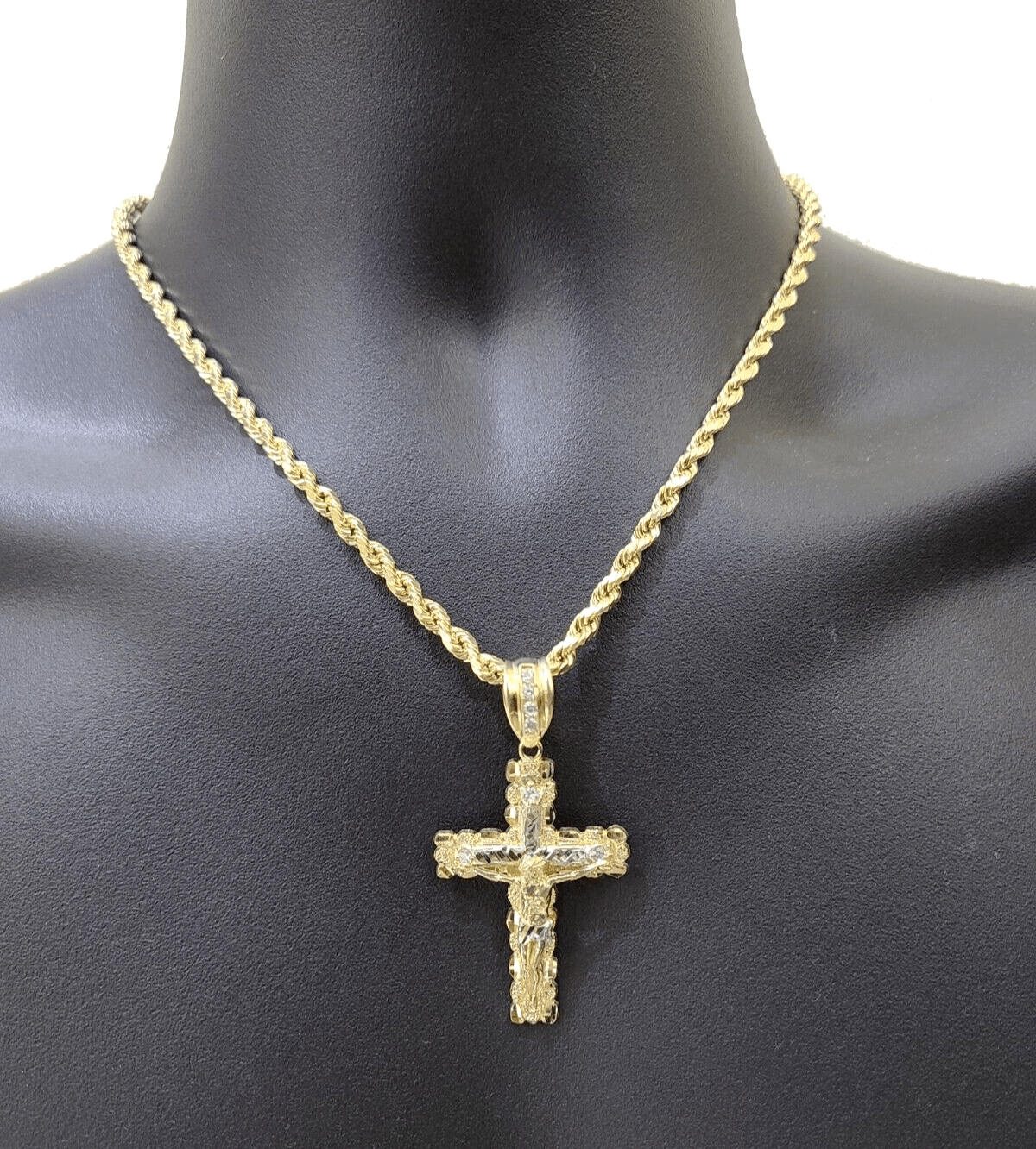 Real 10k Yellow Gold Cross Charm Rope Chain 4mm 30'' Necklace Pendant 10kt Jesus - GoldenlinQ