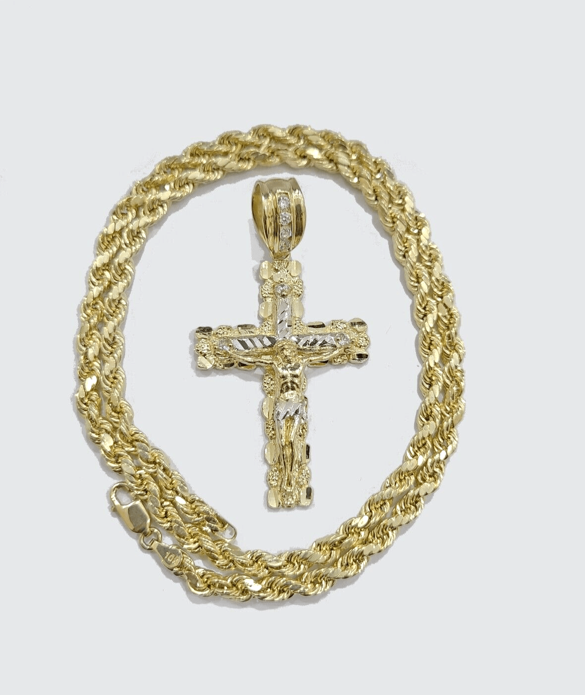 Real 10k Yellow Gold Cross Charm Rope Chain 4mm 30'' Necklace Pendant 10kt Jesus - GoldenlinQ