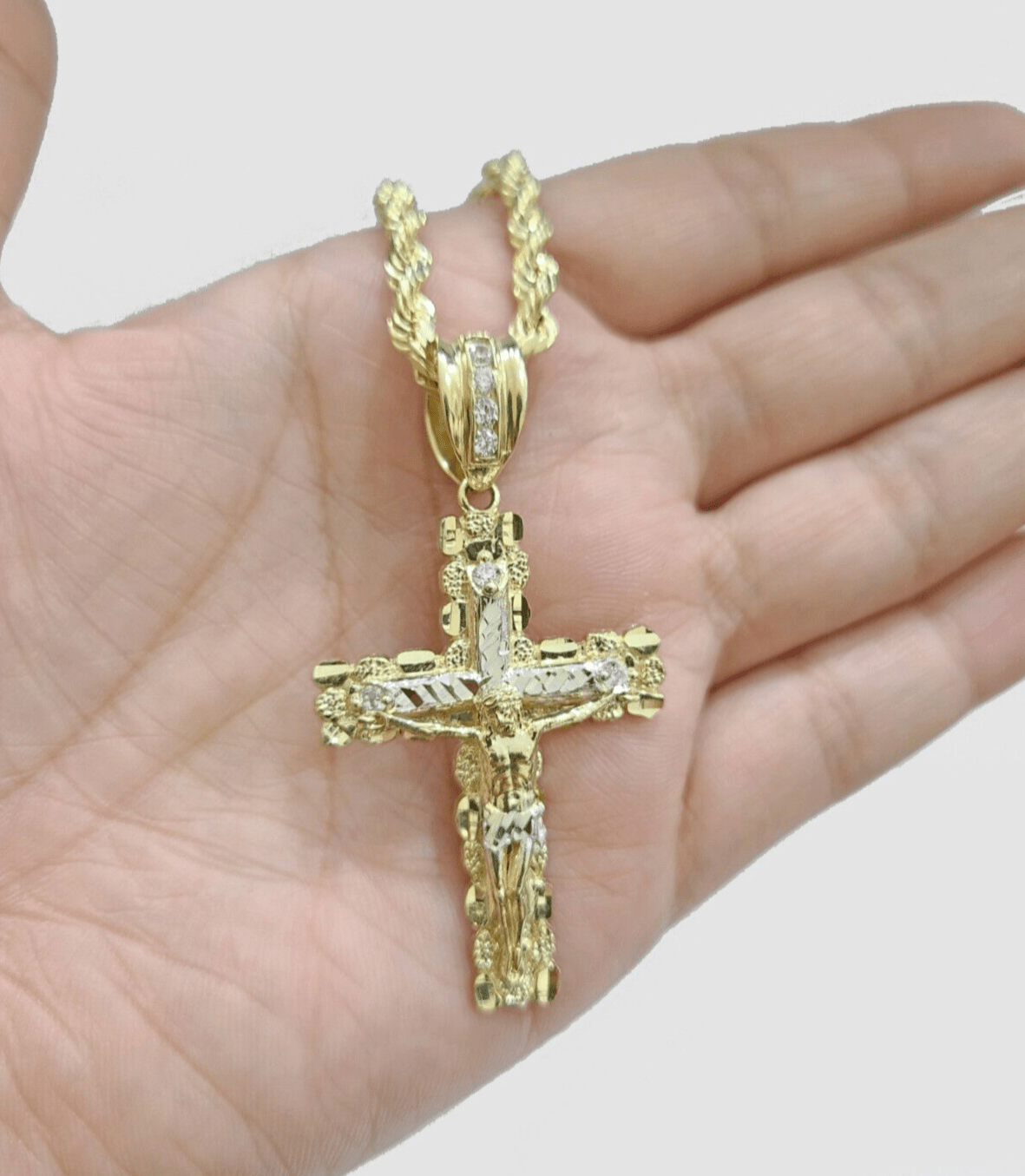 Real 10k Yellow Gold Cross Charm Rope Chain 4mm 30'' Necklace Pendant 10kt Jesus - GoldenlinQ