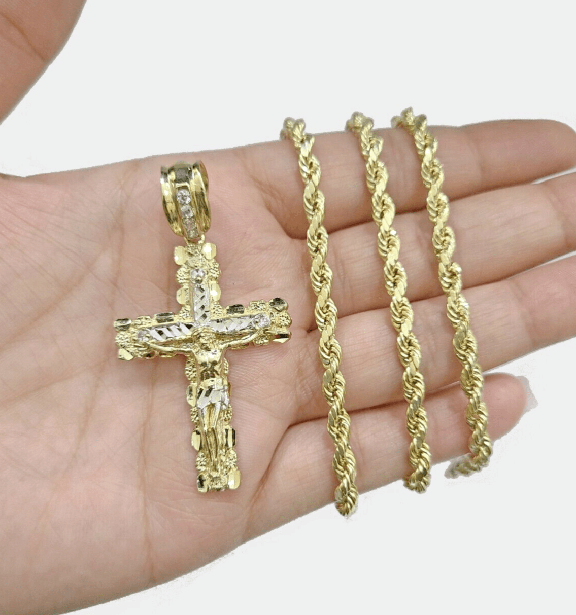 Real 10k Yellow Gold Cross Charm Rope Chain 4mm 30'' Necklace Pendant 10kt Jesus - GoldenlinQ