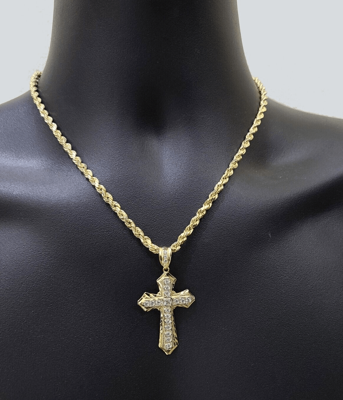 Real 10k Yellow Gold Cross Charm Rope Chain Necklace 4mm 20'' Pendant 10kt Jesus - GoldenlinQ