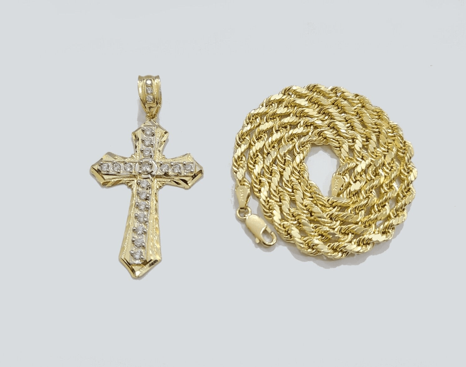 Real 10k Yellow Gold Cross Charm Rope Chain Necklace 4mm 26'' Pendant 10kt Jesus - GoldenlinQ