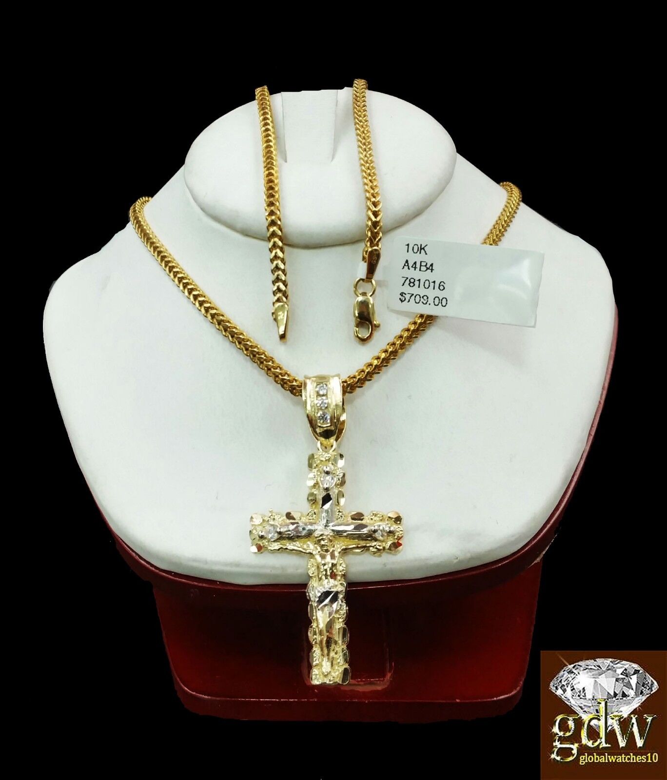 Real 10k Yellow Gold Cross Jesus Charm Pendant 22" Inch Franco Chain - GoldenlinQ
