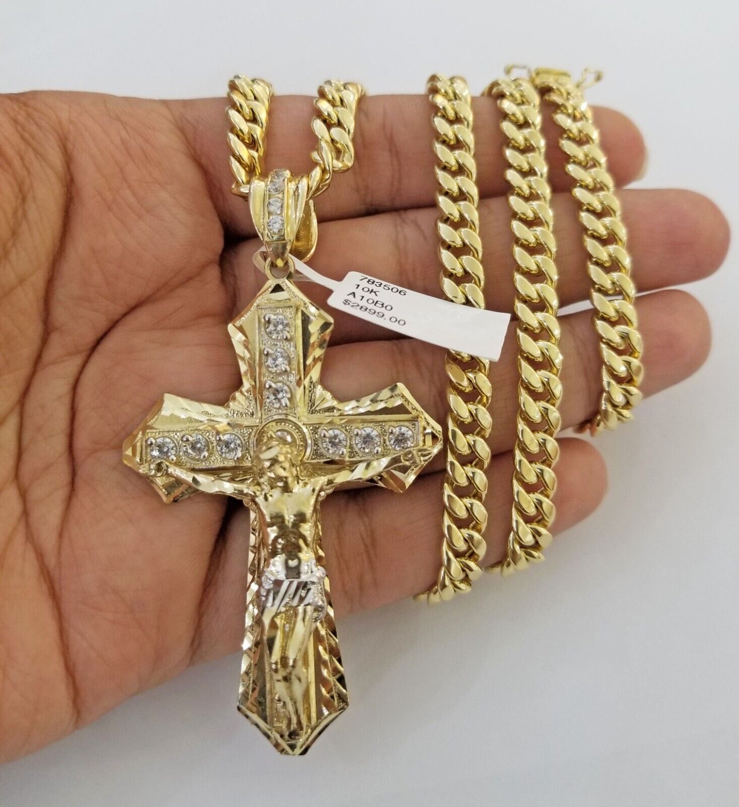 Real 10k Yellow Gold Cross Miami Cuban Link Chain Jesus Charm Pendant 6mm 24" - GoldenlinQ