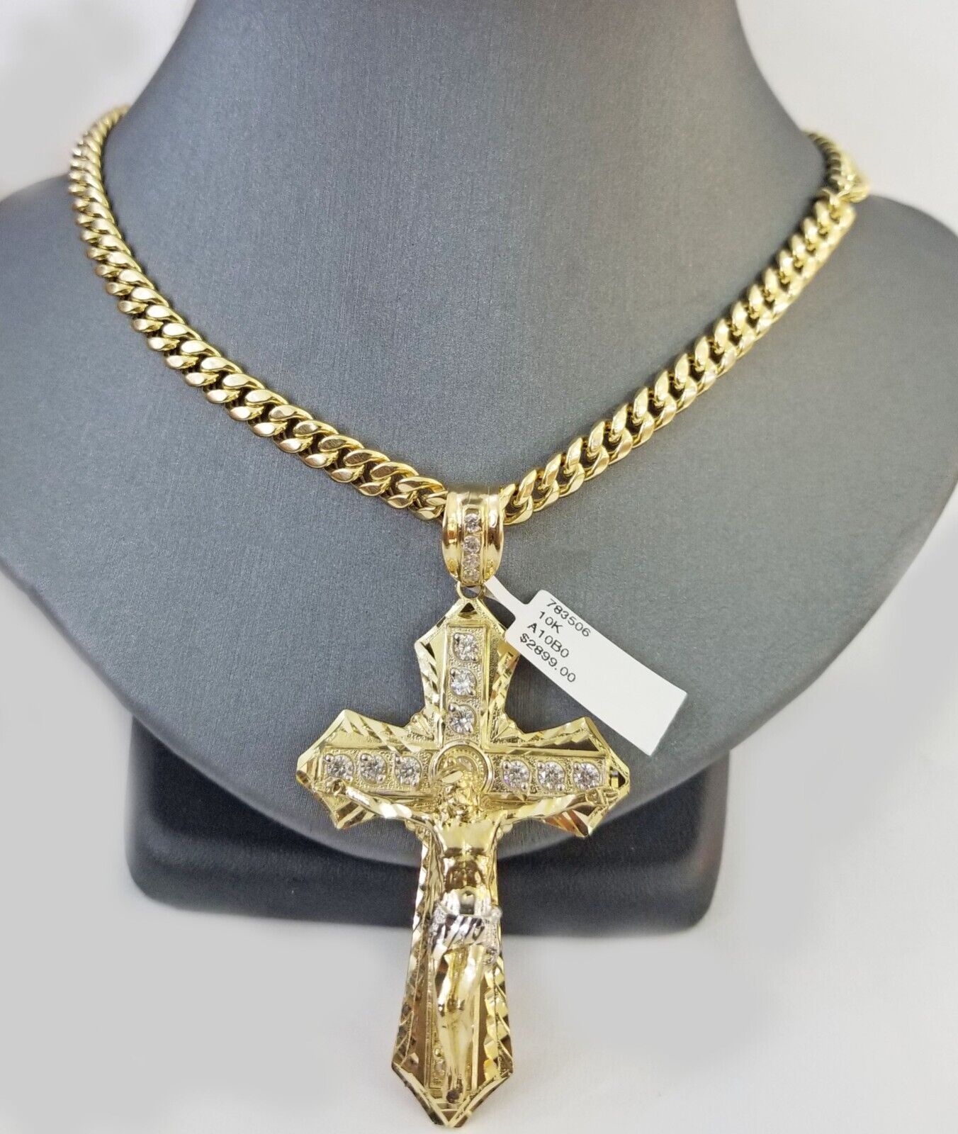 Real 10k Yellow Gold Cross Miami Cuban Link Chain Jesus Charm Pendant 6mm 24" - GoldenlinQ