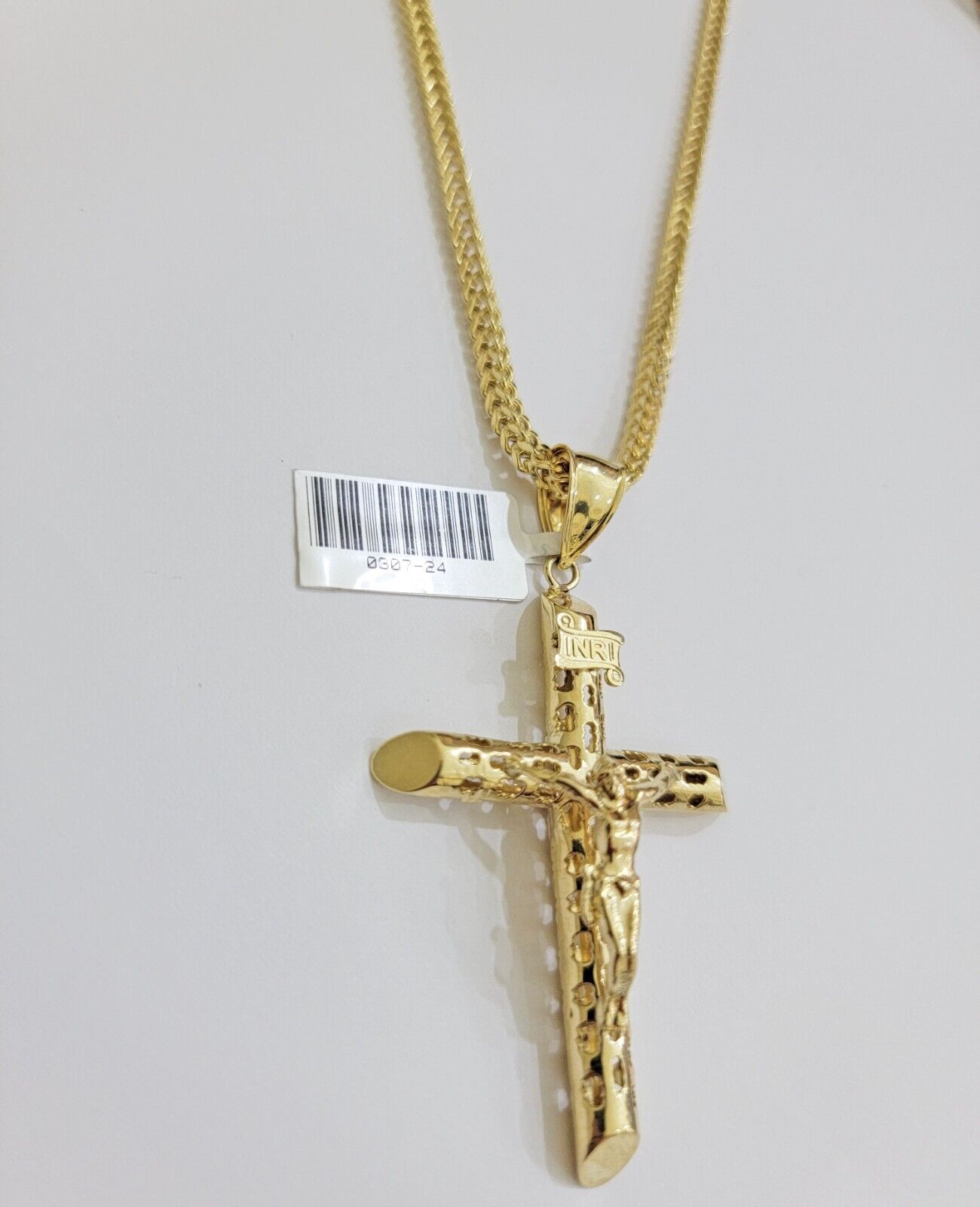 REAL 10k Yellow Gold Cross Pendant Franco Chain Necklace 22 Inch &Jesus Crucifix - GoldenlinQ