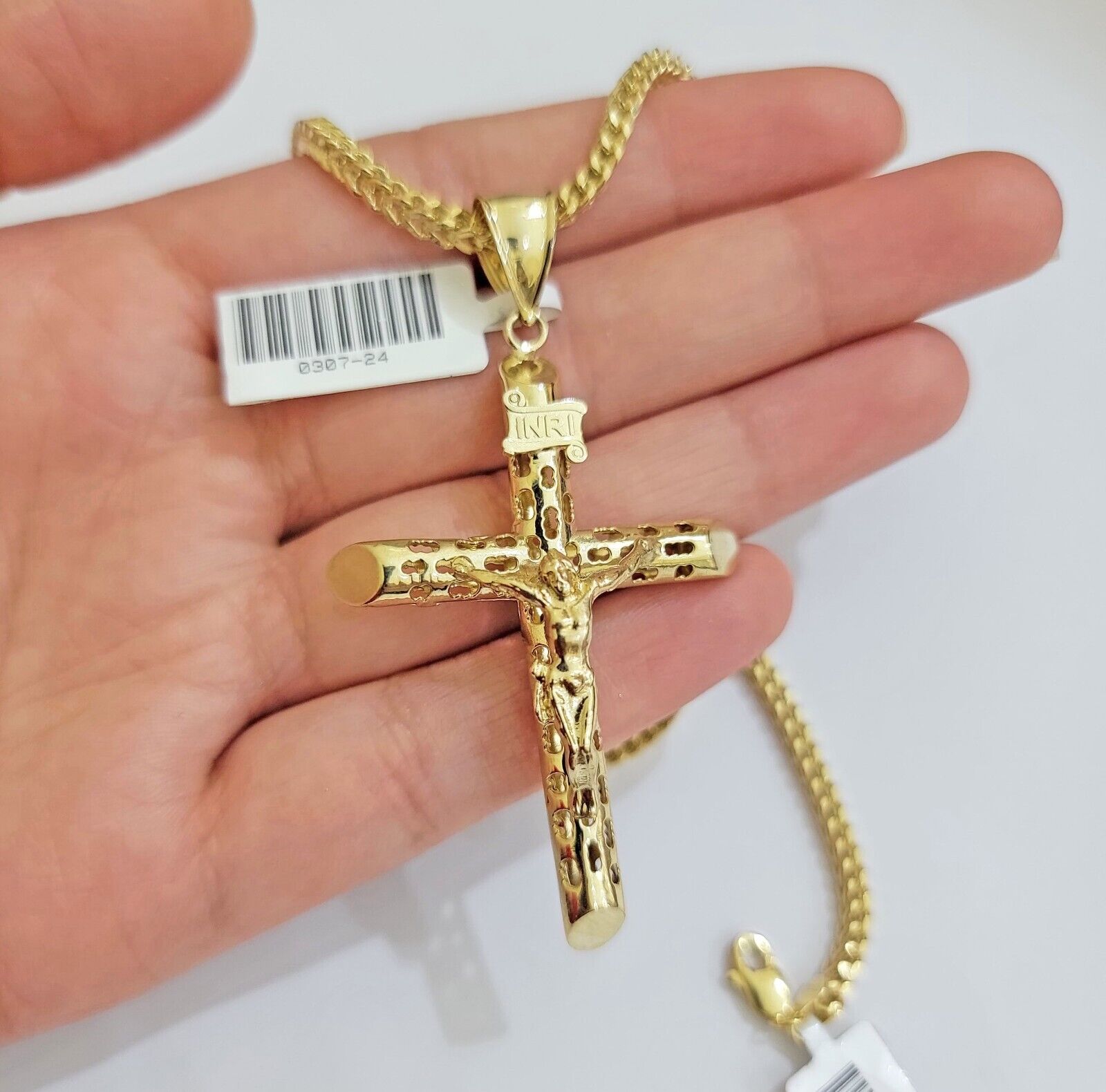 REAL 10k Yellow Gold Cross Pendant Franco Chain Necklace 22 Inch &Jesus Crucifix - GoldenlinQ